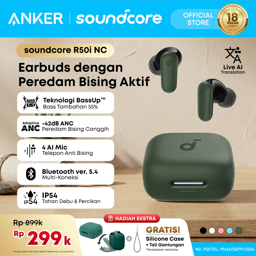 (NEW LAUNCH) Soundcore Anker R50i NC Earbuds Adaptive Noise Canceling Headset Earphone Bluetooth 5.4 TWS Low Latency for Game Long Battery 4 Mics IP54 - A3959
