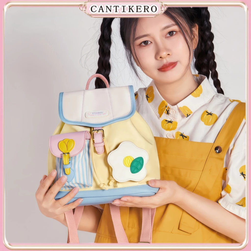 CANTIKERO Lucu Tas Ransel Wanita Tahan Air Bahan PU Y2K Tas Ransel Dopamin Warna Tas Perjalanan Tas Sekolah Siswa Tidak Mudah Kusut Ransel Kecil Mini Kulit Tas Sekolah Kelas Atas Fashion Backpack Cantikk