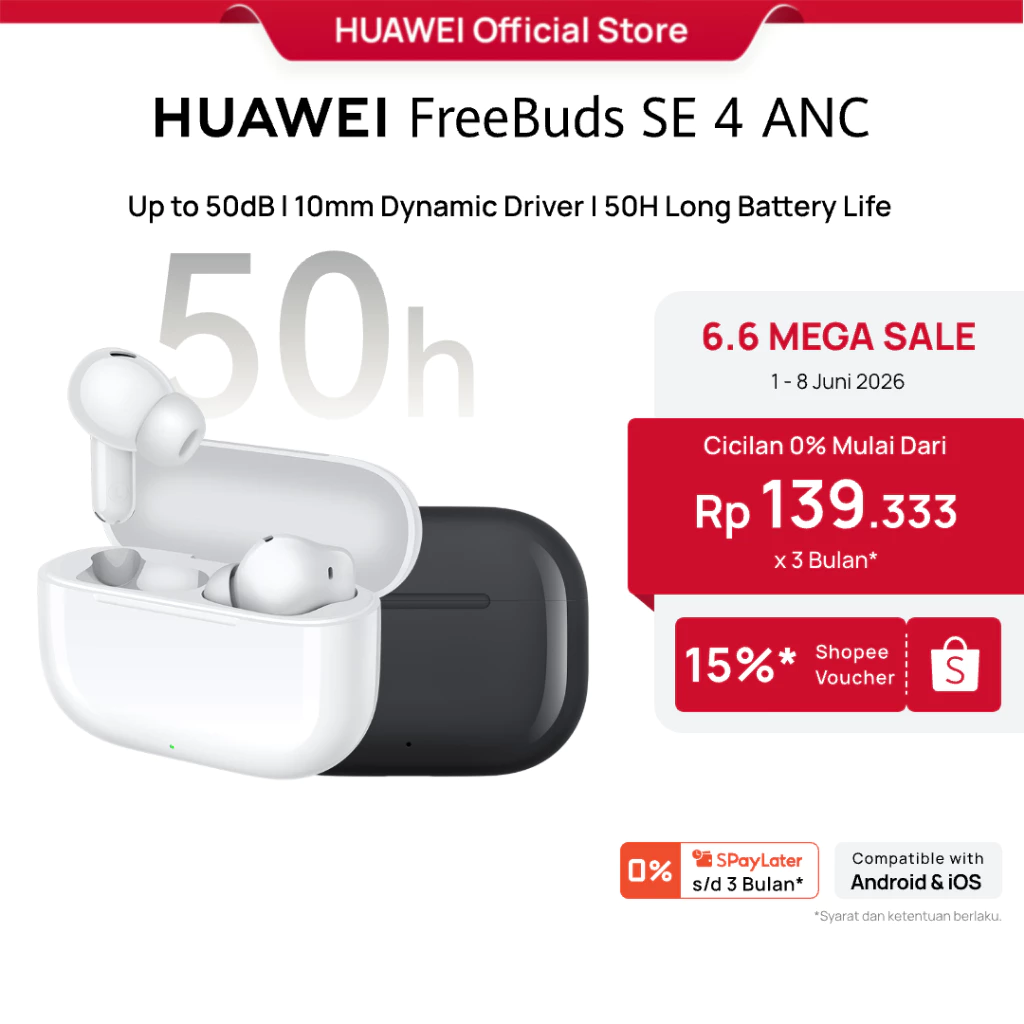 [6.6 | Voucher s/d 15%] HUAWEI FreeBuds SE 4 ANC TWS  l Up to 50dB l 10mm Dynamic Driver | 50H Long Battery Life l IP54