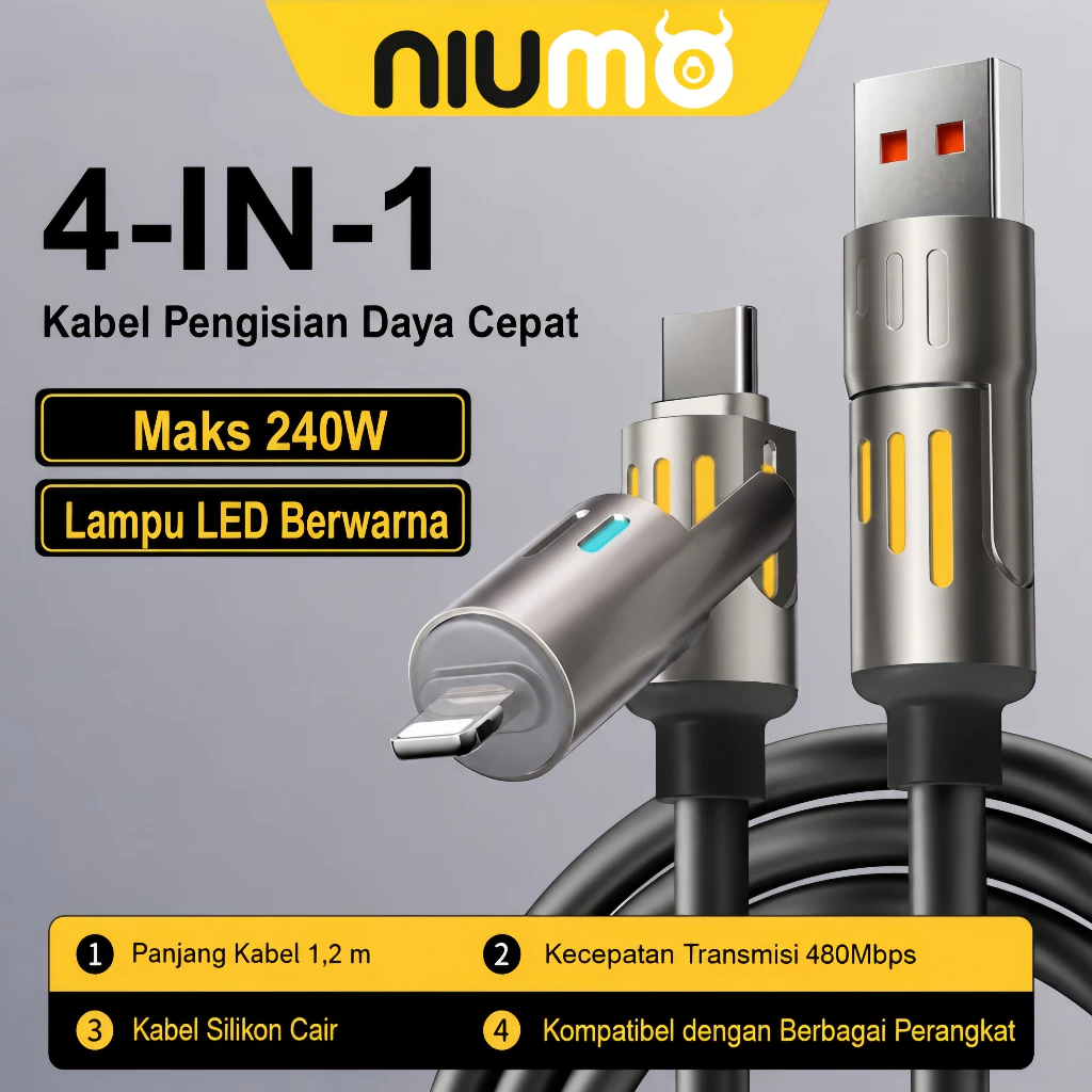 NIUMO Kabel Data 4in1 Fast Charging RGB Kabel Multifungsi 4 Port Pengisian Cepat