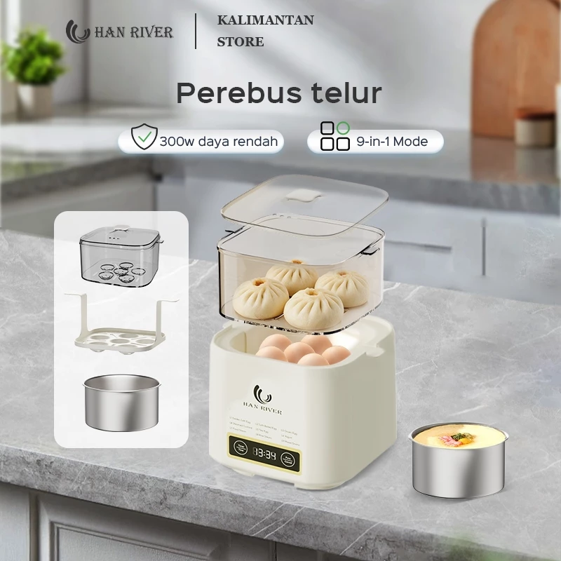 [Pengiriman dari Banjarmasin]HAN RIVER Electric Egg Cooker Boiler Mini/6Modes/Rebus, Kukus, Panaskan