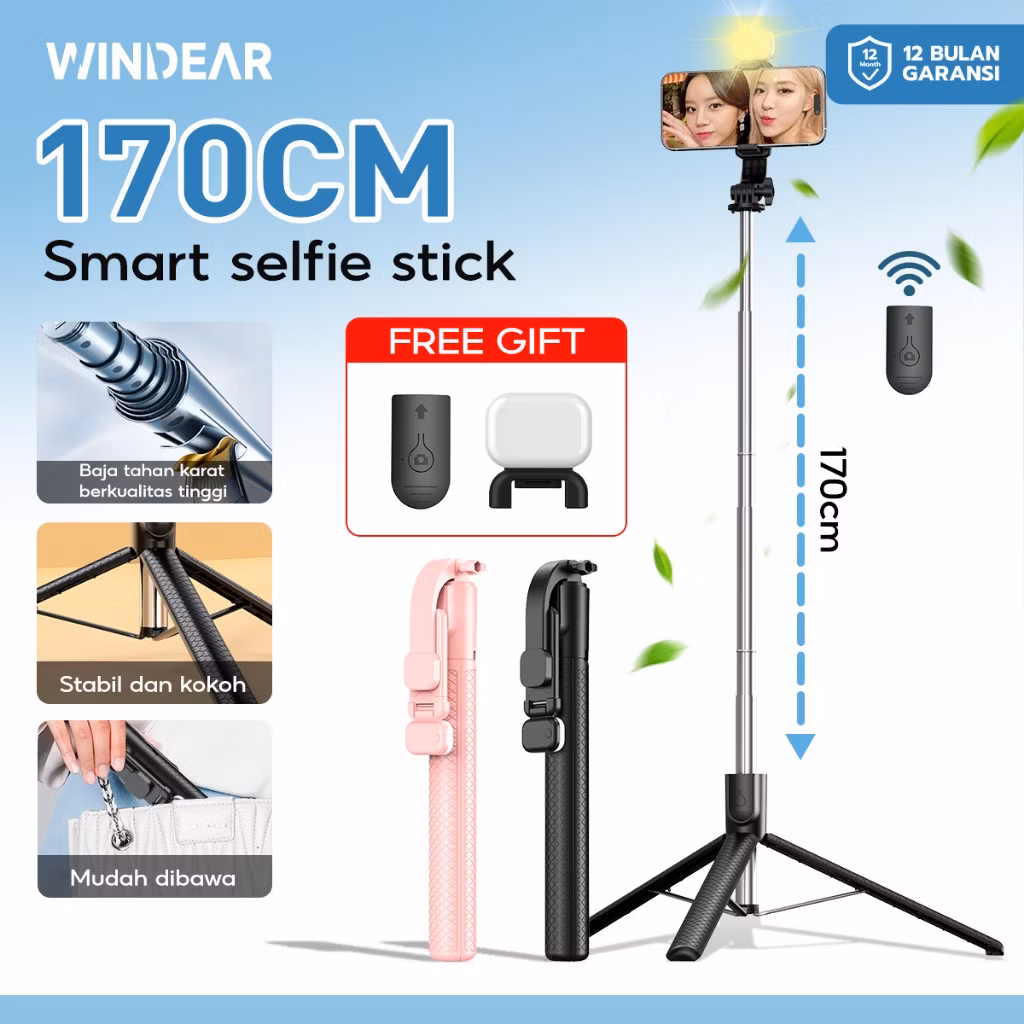 WINDEAR Tongsis Tripod 170CM Multifungsi Tongkat Selfie Bluetooth Remote Control Lampu