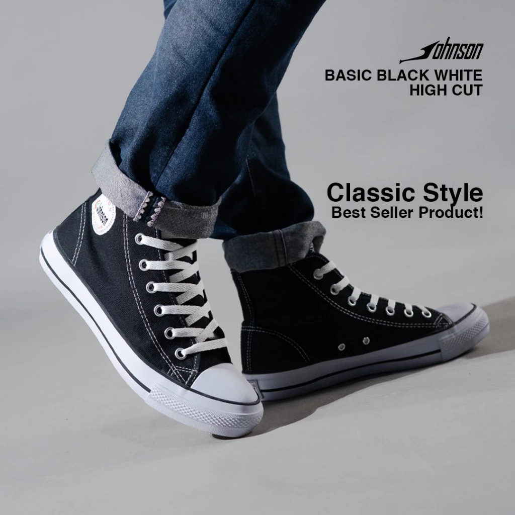 Johnson Basic HighCut (HC) Black White | Sepatu Sekolah Perempuan Laki-Laki Awet 100 Ribuan