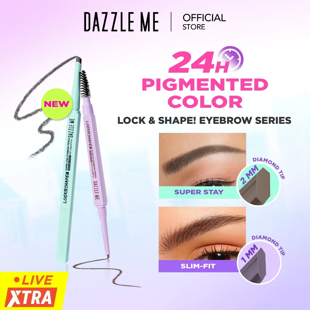 DAZZLE ME Lock & Shape! Eyebrow Pencil Series Pensil Alis Tahan Lama Waterproof Sweatproof Smudgeproof Blendable Texture Dengan Warna yang Intens dan Tahan Lama