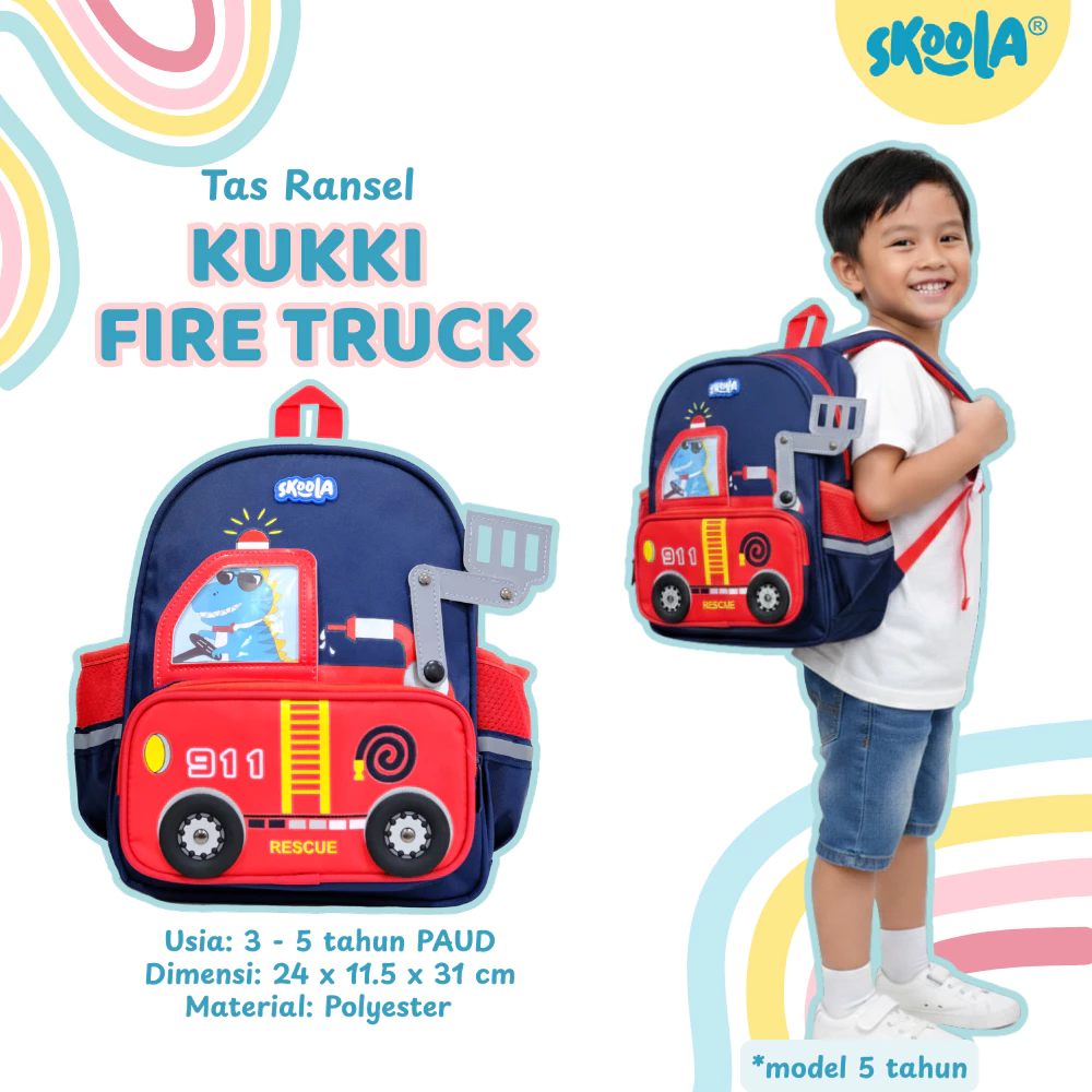 Skoola Tas Sekolah Anak PAUD TK Laki Laki Karakter Fire Truck - Kukki