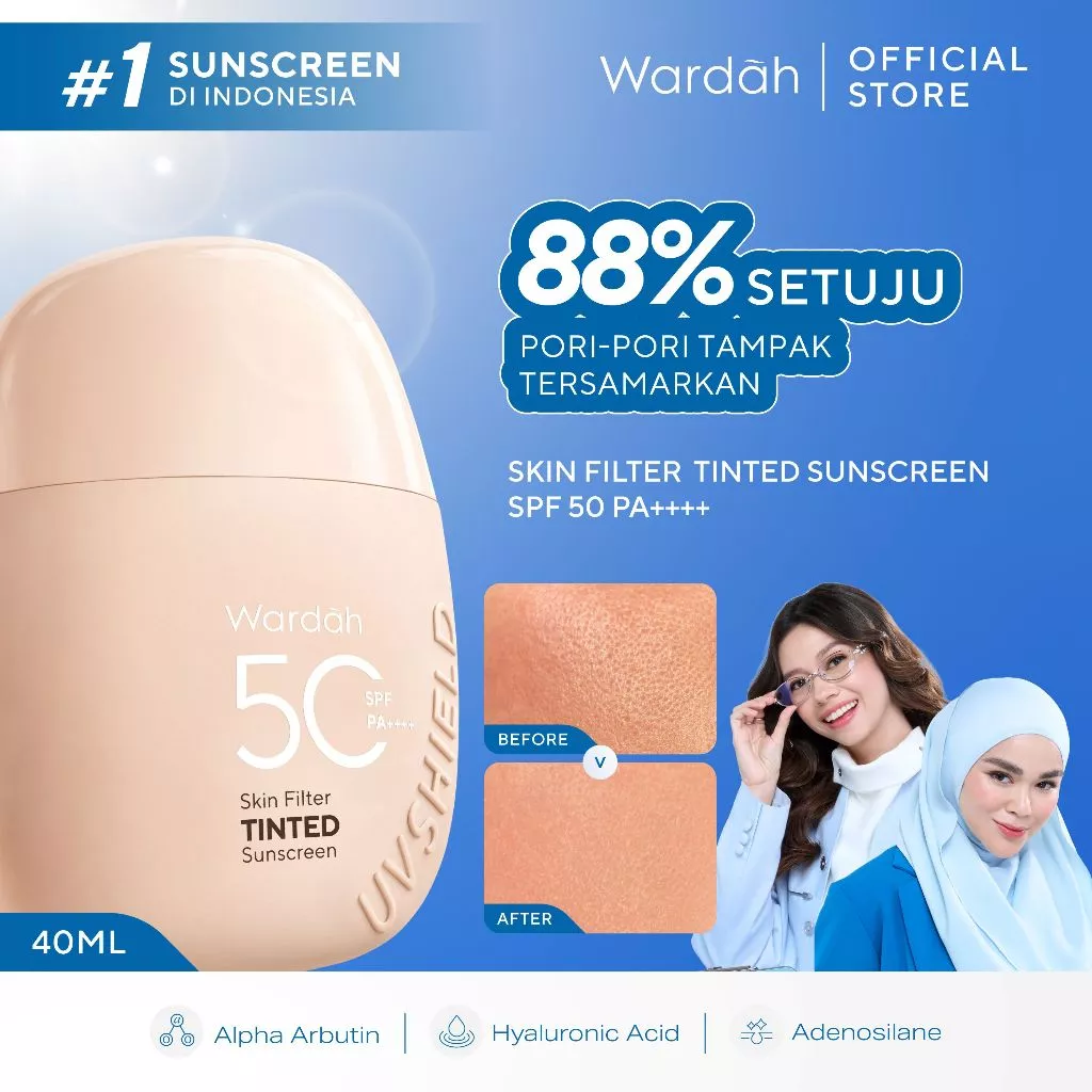 NEW! Wardah Tinted Sunscreen Skin Filter SPF 50 PA 30ml UV Shield - Strong UV Blue Light Protection Sheer Glow Finish Tidak Greasy Formula Ringan Shades 01 Light to Medium Shades 02 Medium to Dark - Skincare