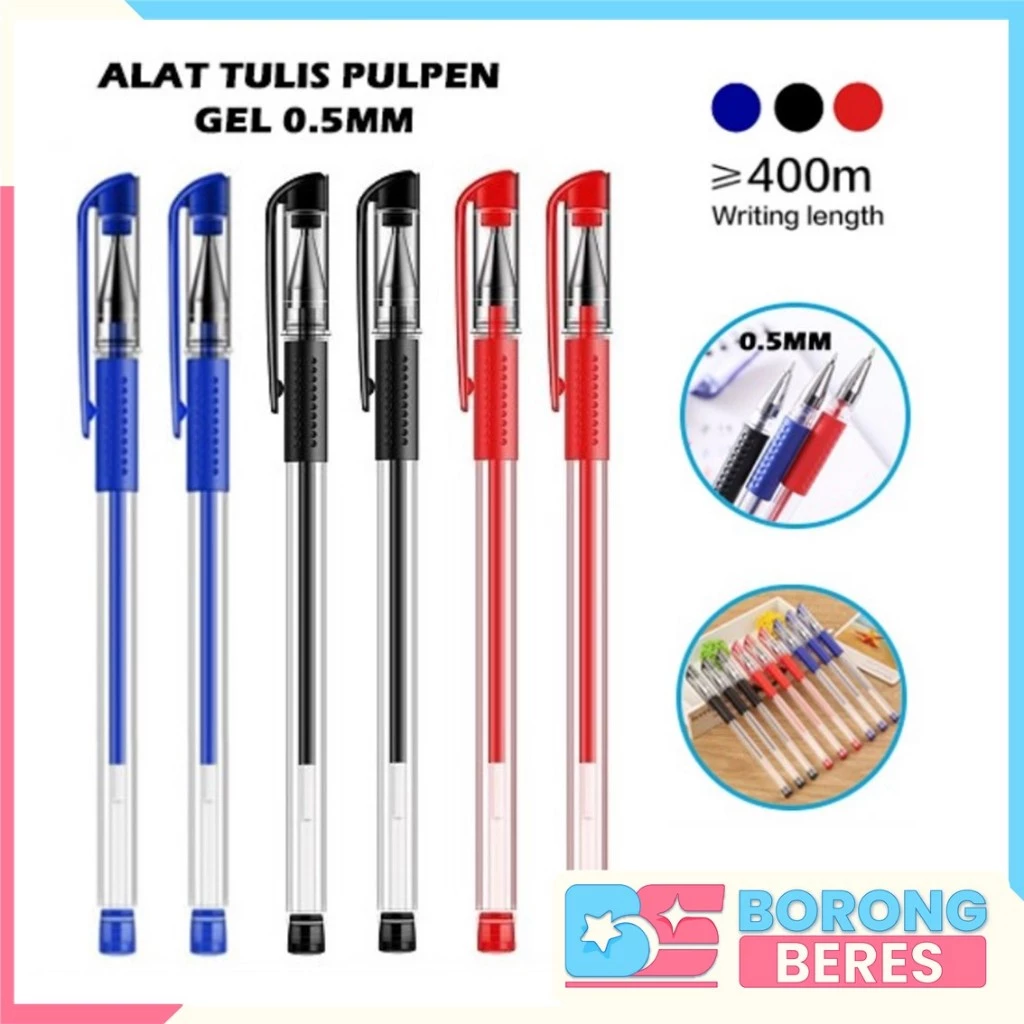 BORES Pena Gel 0.55mm Standard Pulpen Gel Standard Bolpoin Cair Alat Tulis Sekolah Bolpen Warna Hitam Biru Merah Murah