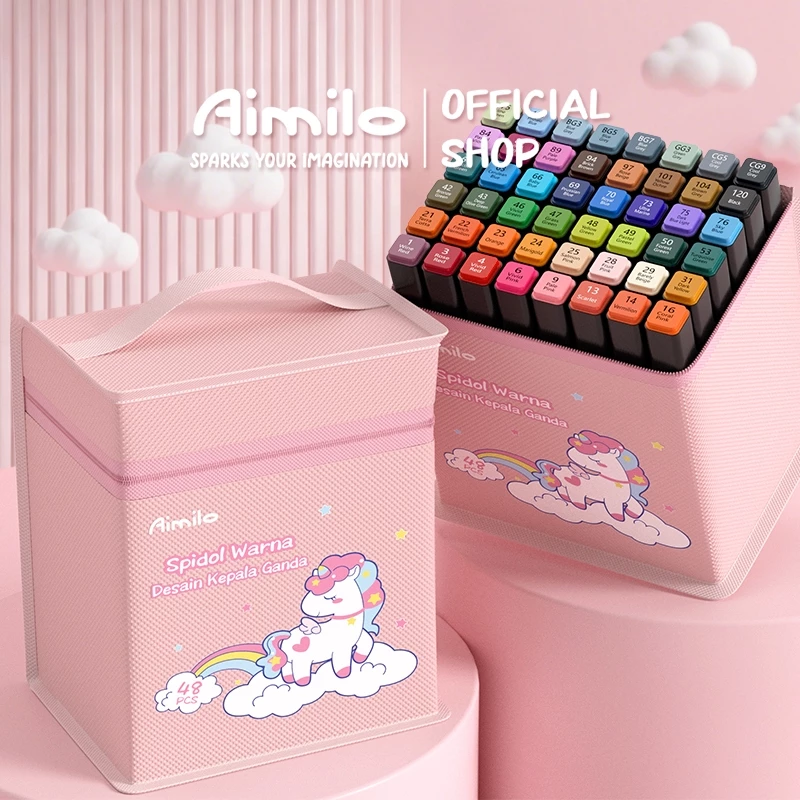 [READY] Aimilo Spidol Warna Warni 1 Set Kemasan Kartun Sketch Marker 2 Tip Touch Marker 48/60/80 Warna