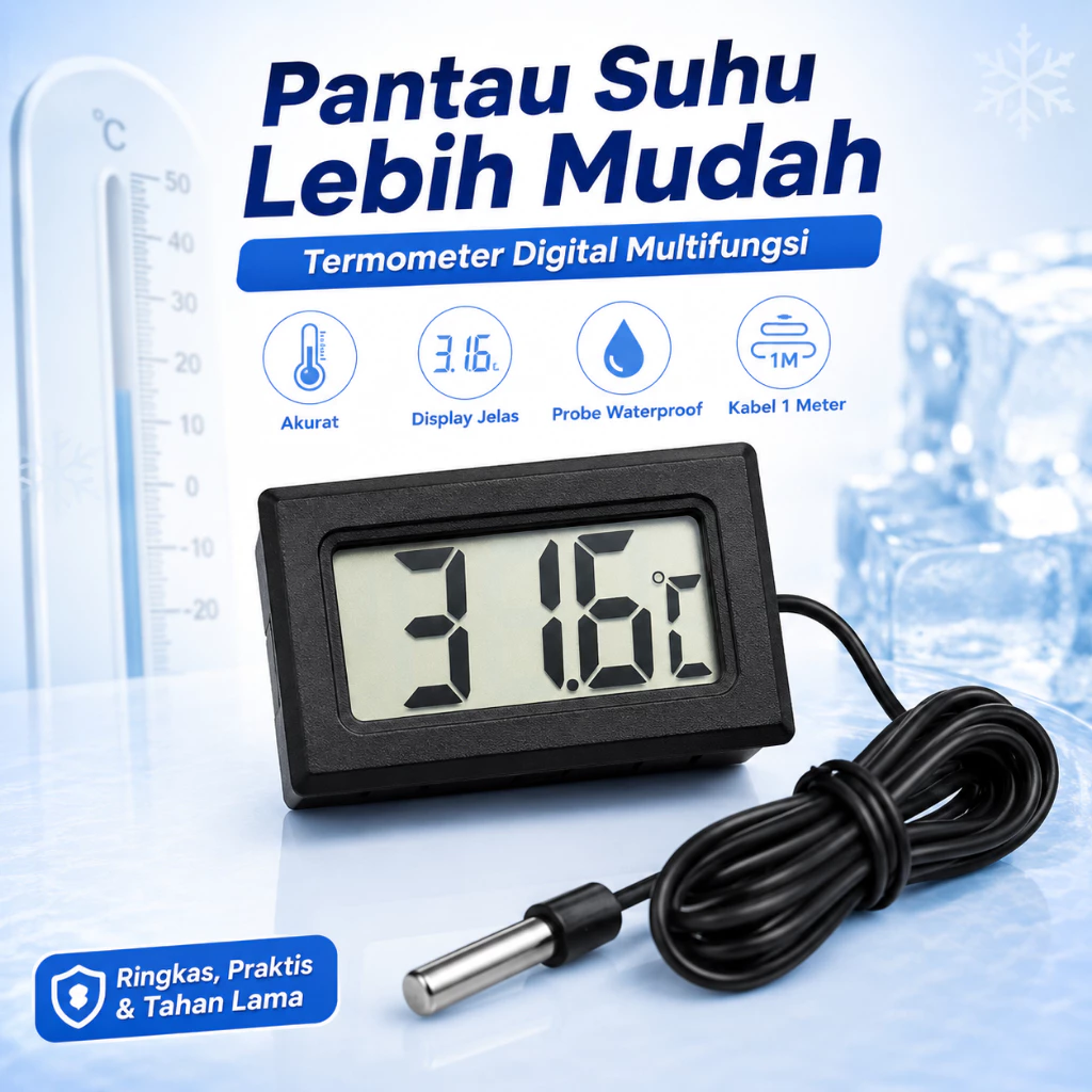 Pengukur Suhu Freezer Kulkas-50°C hingga 110°C Mini Thermometer AC Aquarium Hidroponik Akurat
