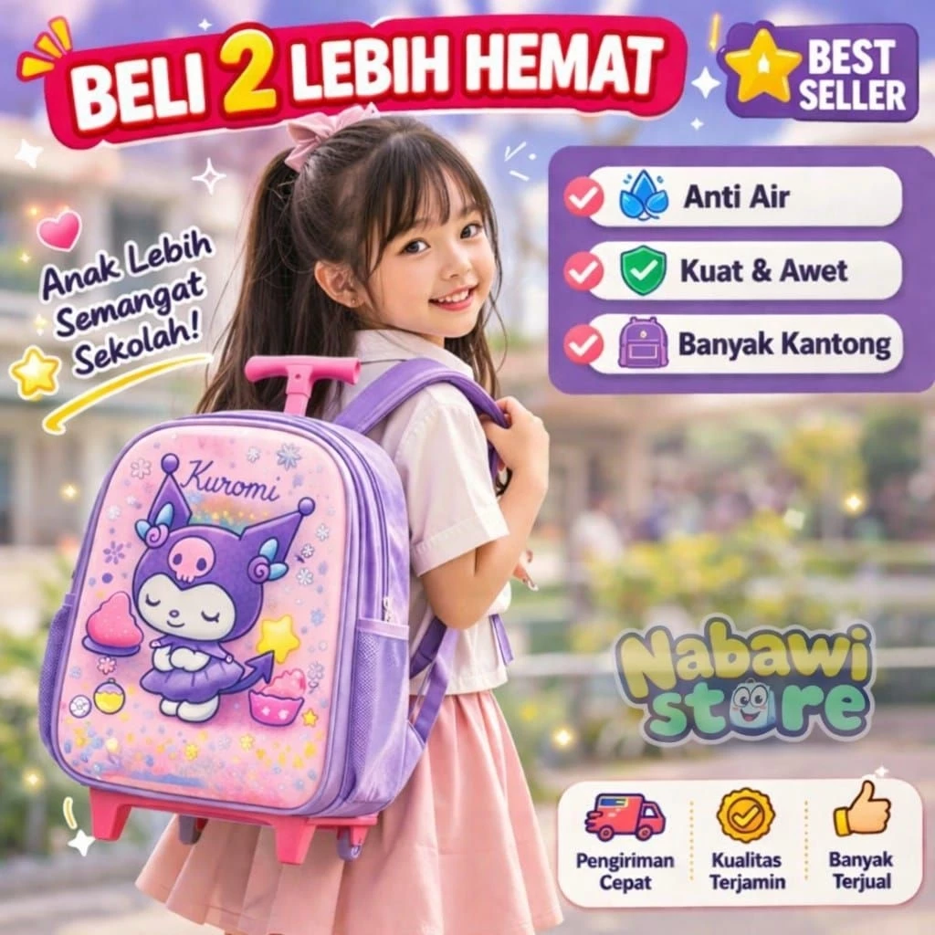 Tas Ransel Troli Kuromi Sekolah SD TK PAUD - Backpack Anak Perempuan dengan Roda yang Praktis dan Stylish