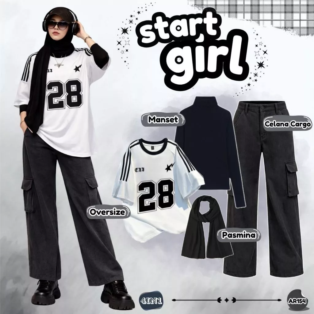 OOTD Kalcer Wanita Hijab Kaos Oversize Celana Cargo Pasmina AR154