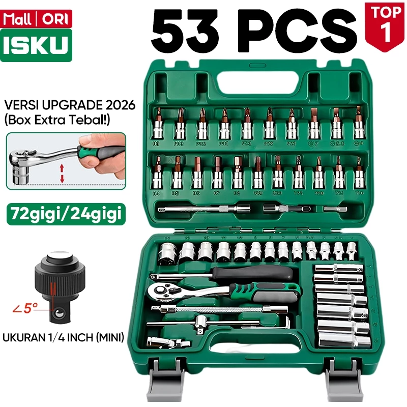 Isku Kunci Sok Set 53pcs Kunci Shock Set Lengkap Kunci Mata Sok 53 PCS Set Socket (1/4 ") Full TOOL KIT 20PCS Kunci Mata Shock Dan 21pcs Drill Bit