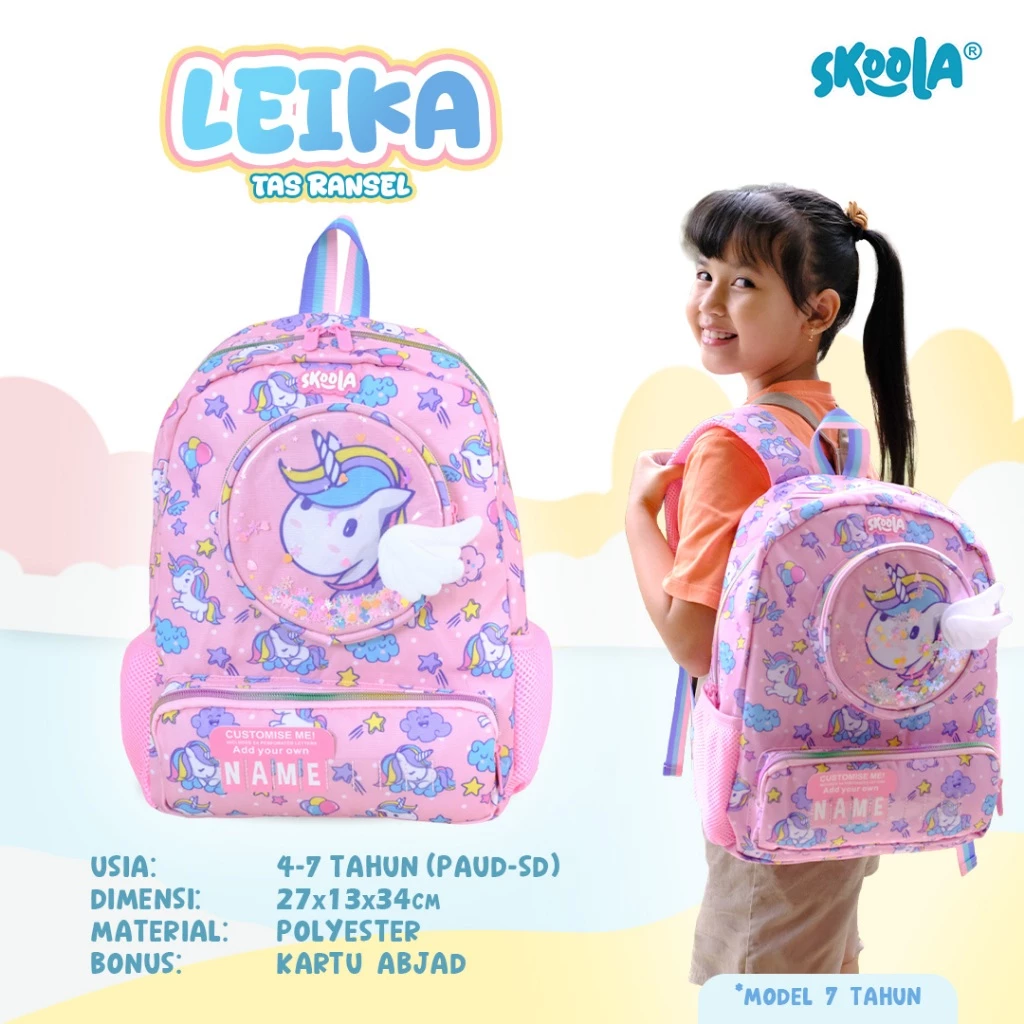 Skoola Tas Sekolah Anak PAUD TK Perempuan Karakter Unicorn Custome Name - Leika