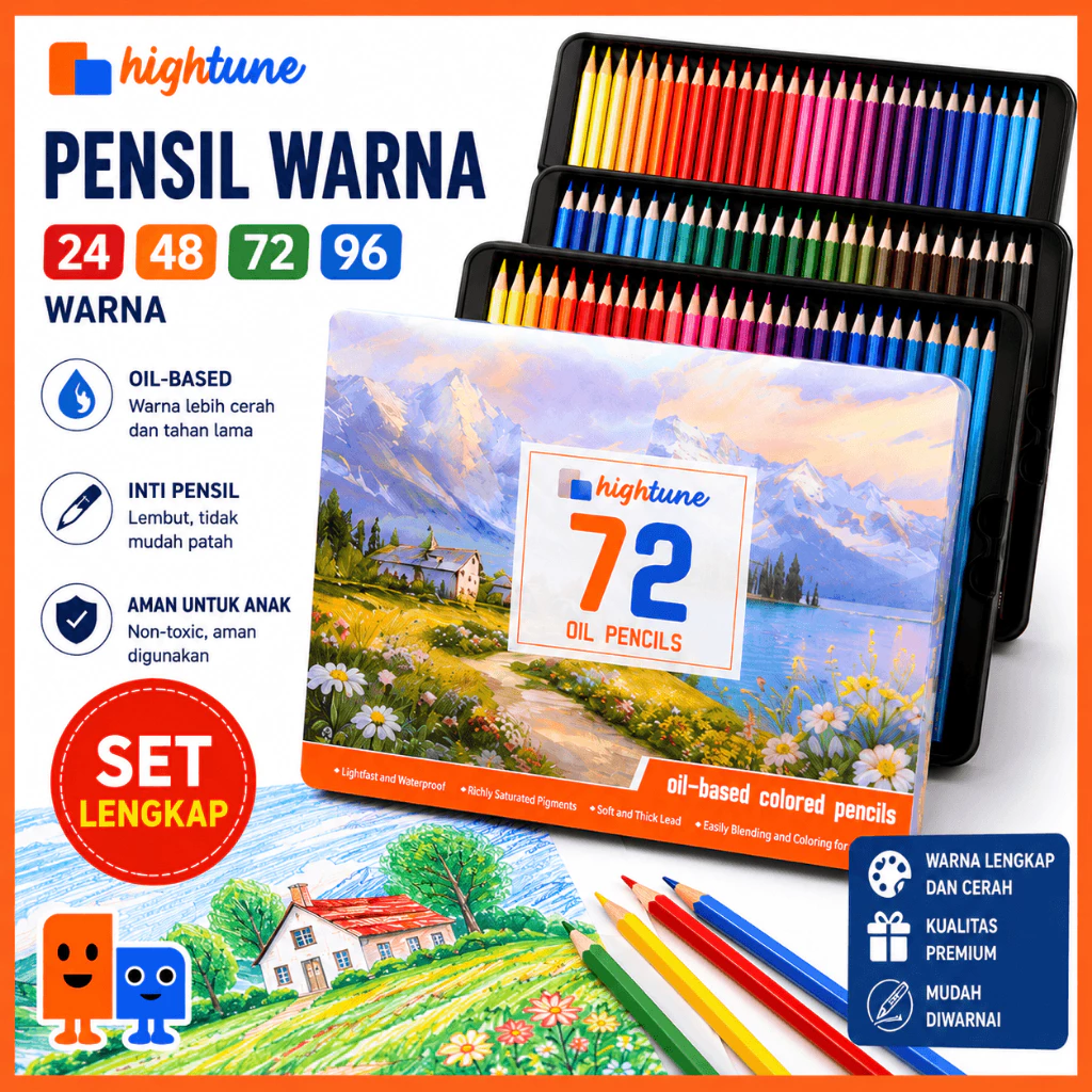 HIGHTUNE Pensil Warna 24/48/72/96 Warna Set Pencil Warna Anak dan Dewasa Pewarna Lengkap
