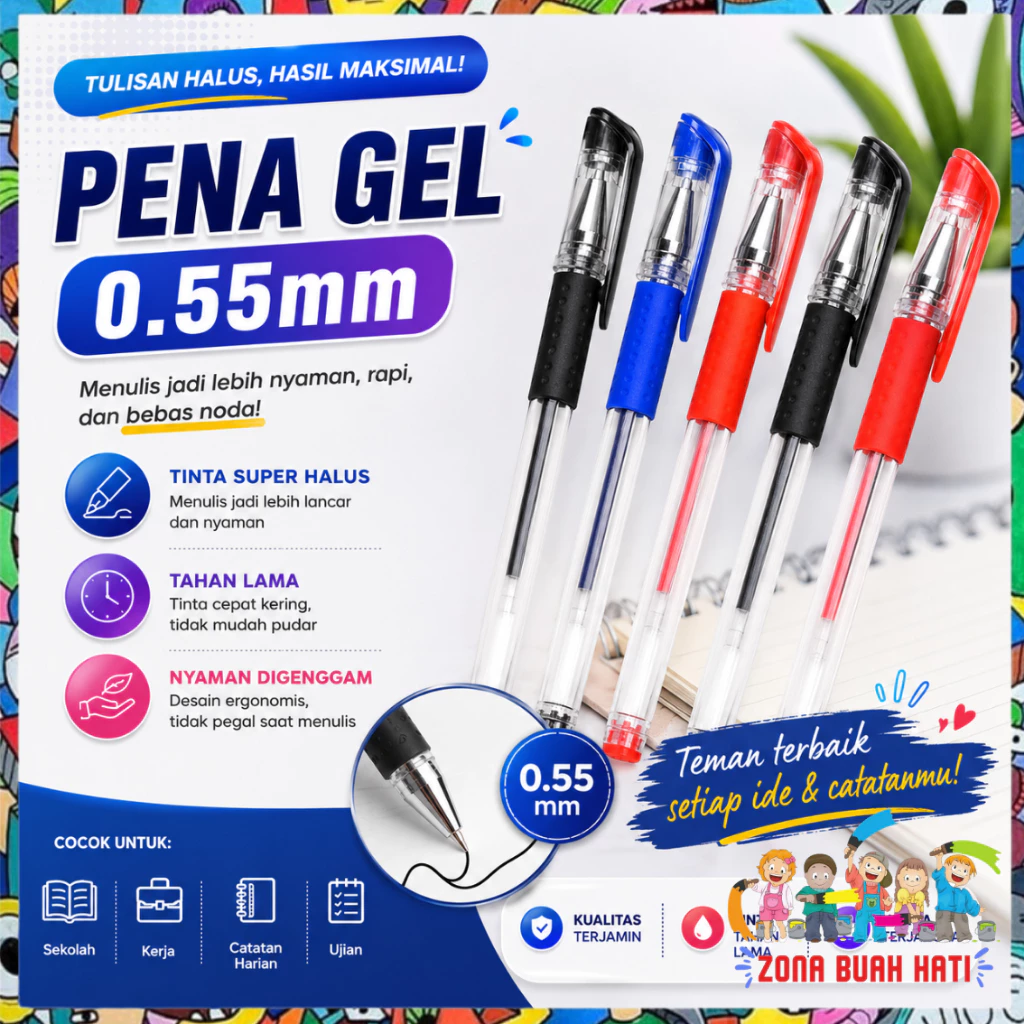 ZBH  Pena Gel 0.55mm Standard Pulpen tinta cair Alat Tulis Sekolah Kantor Pen Warna Warni Pena Ujung Lancip ATK Murah