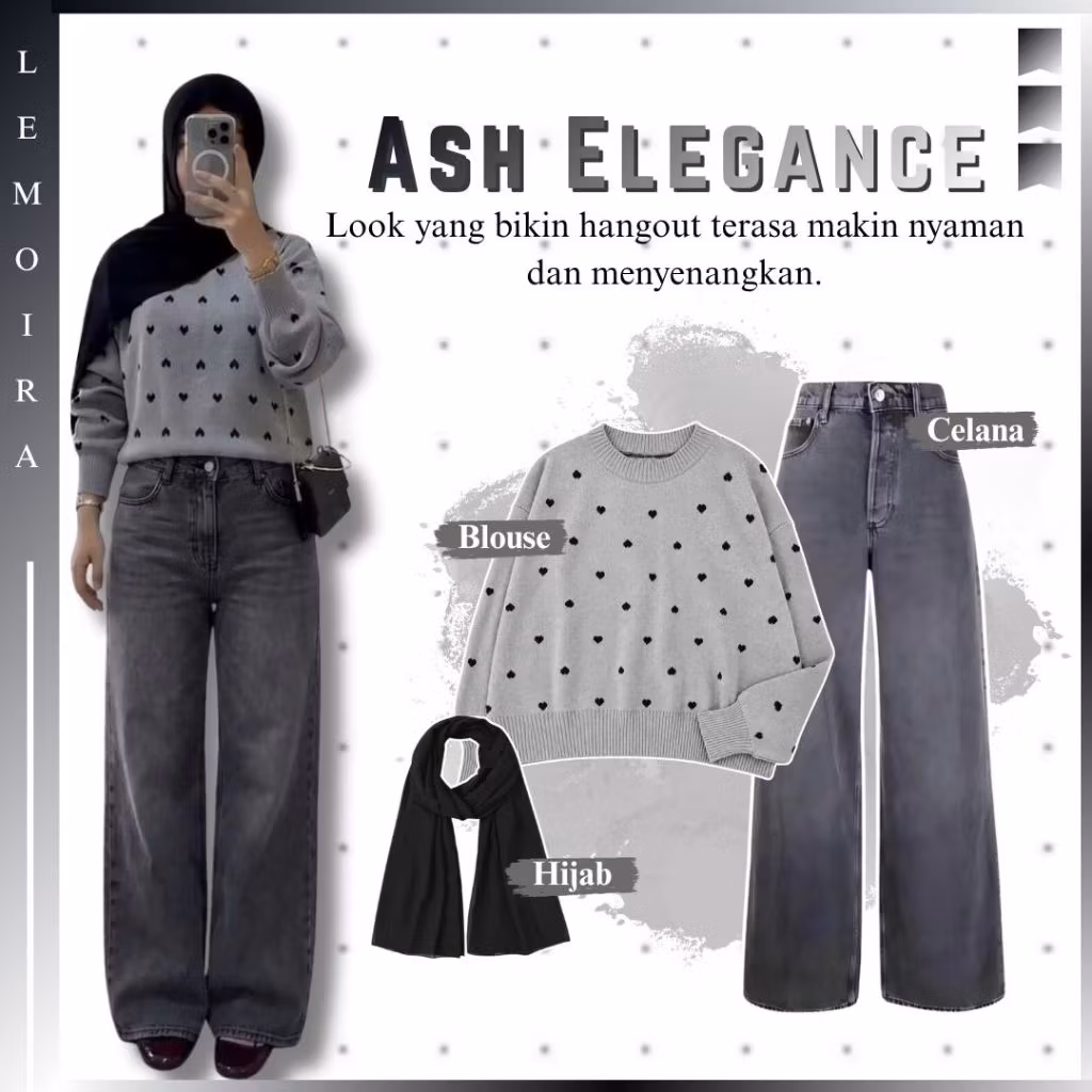 Set Remaja Hangout Simple | Sweater Polka - Celana Jeans - Hijab Pasmina | OOTD Nyaman Kekinian |LM1