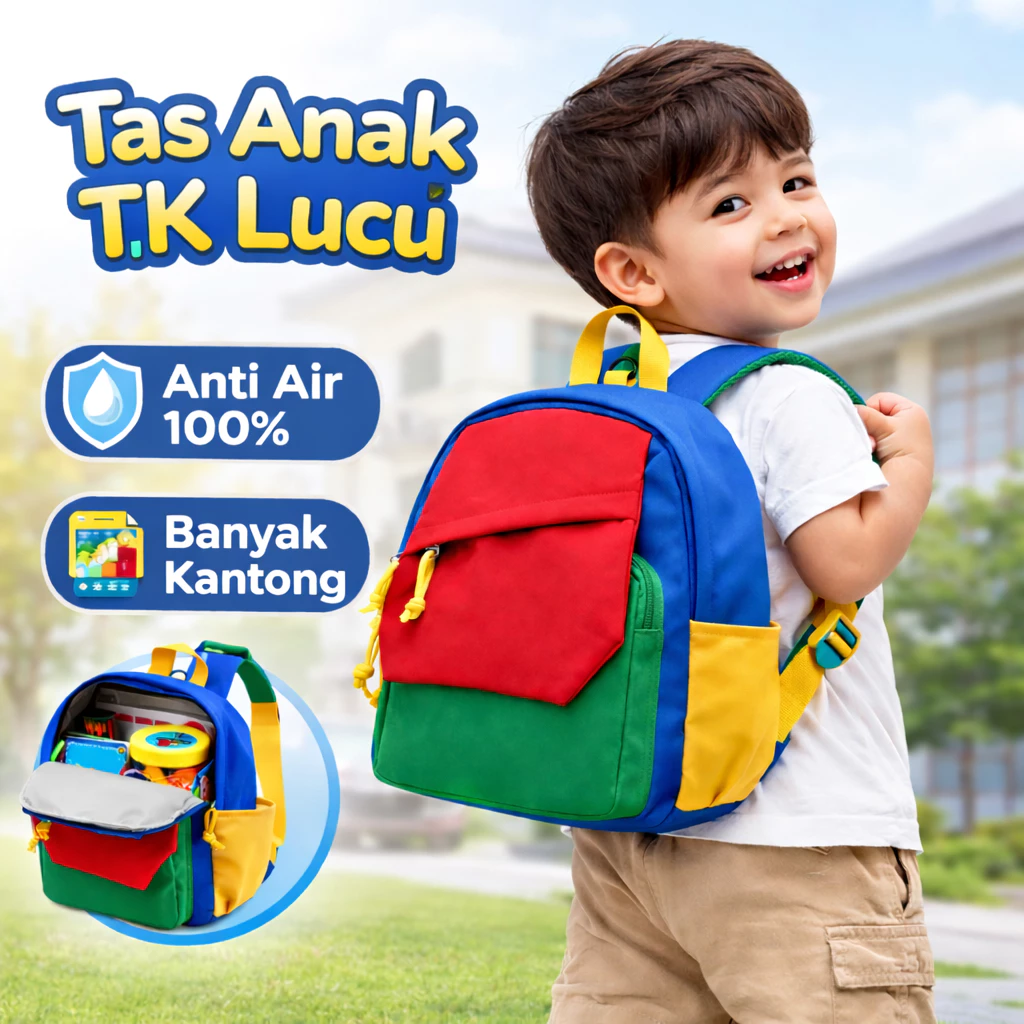 Tas Anak TK Anti Air Banyak Kantong | Ransel PAUD Lucu Ringan Anak Sekolah Laki Perempuan