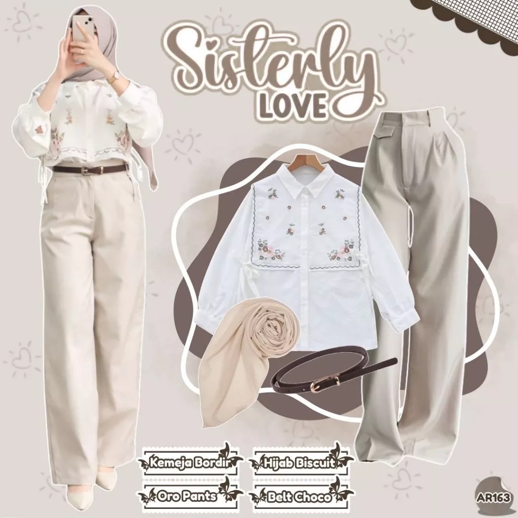 Outfit Wanita Korean Style Kemeja Bordir Oro Pants Hijab Belt AR163