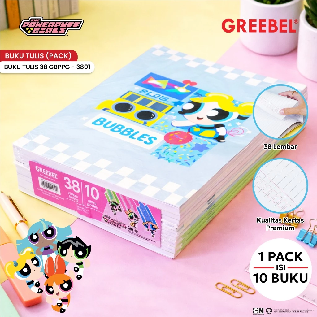 (10 buku) Greebel Buku Tulis A5 38 Lembar Motif Powerpuff Girl (1 Pack 10 Buku) GBPPG 3801 Buku Tulis Greebel