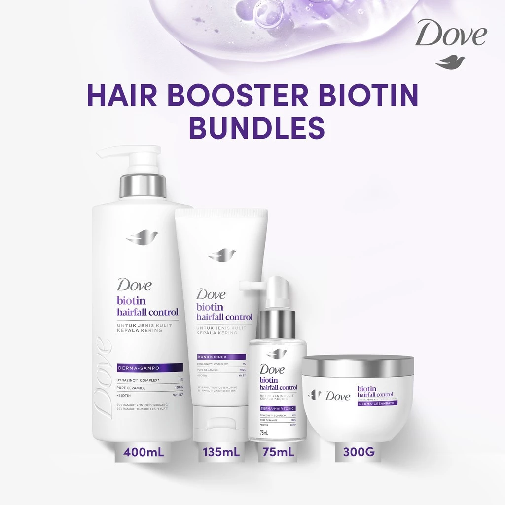 [Paket Hair Booster Biotin] Dove Hair Care Biotin Shampoo 400ml + Conditioner 135ml + Tonic 75ml + Creambath 300gr