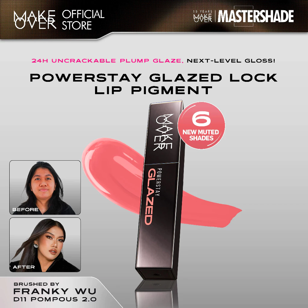 MAKE OVER Powerstay Glazed Lock Lip Pigment - Lip Glazed Plump Gloss Next Level Lip Cream Transferproof Pigmented Tahan Lama 24 Jam Ringan Lipstick Long Lasting Somethin Time Less w Maybe Euphoria