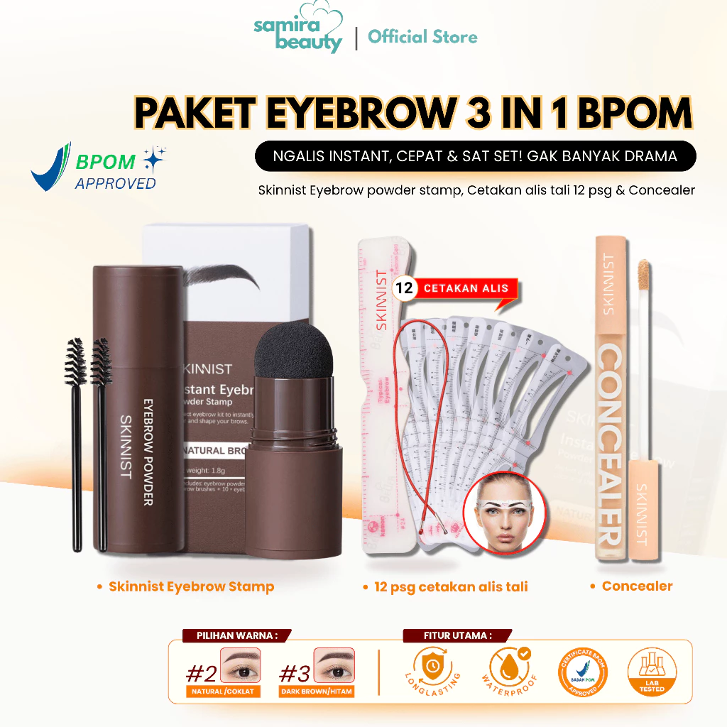 BPOM PAKET ALIS HEMAT 3in1 - Paket Eyebrow Hemat 3in1 Eyebrow + 12 Cetakan Alis Tali 12 + Concealer Waterproof by SKINNIST