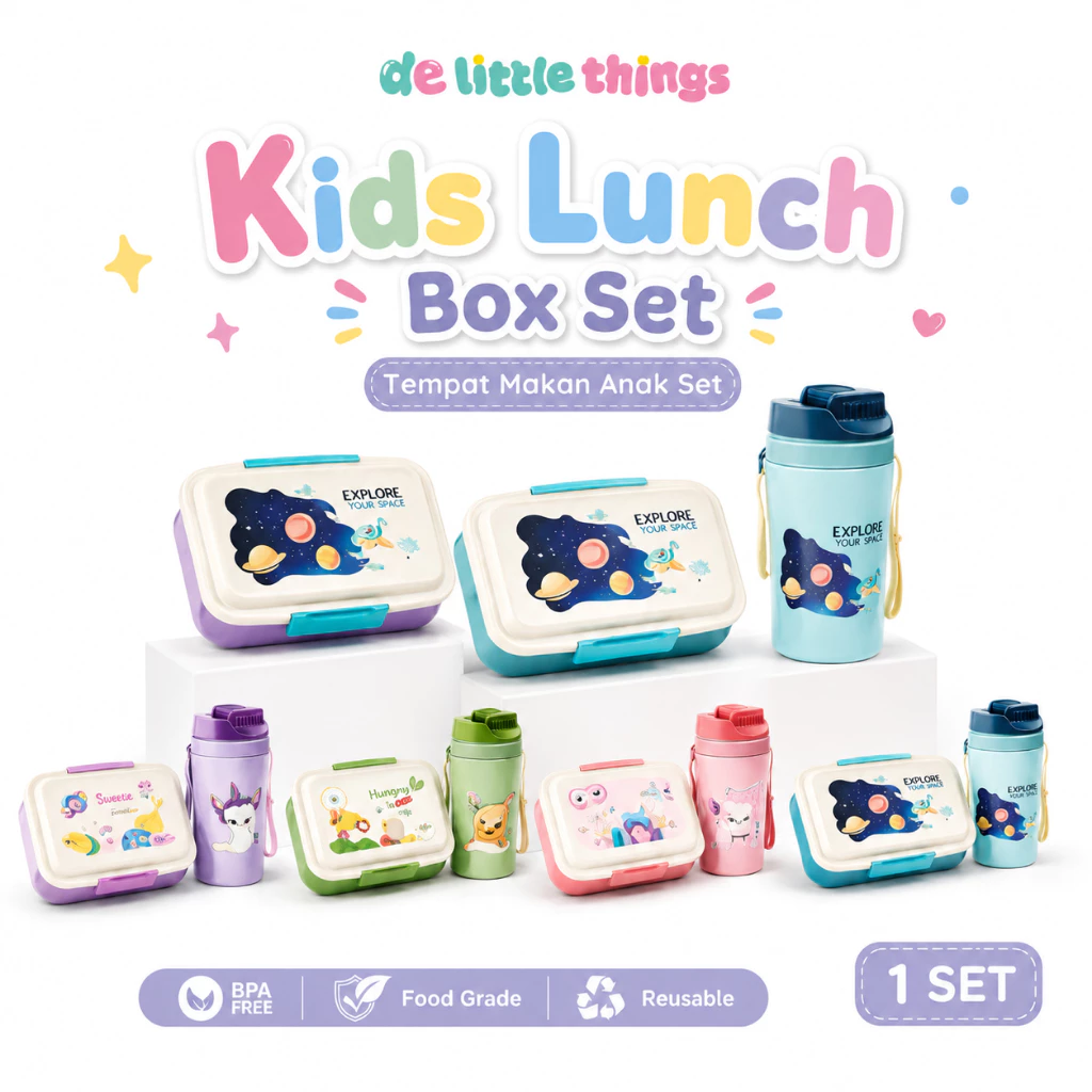 Lunch Box Paket Tempat Makan Anak 1450ml | Set Alat Makan Sekolah | Kotak Bekal Karakter Tas Bekal
