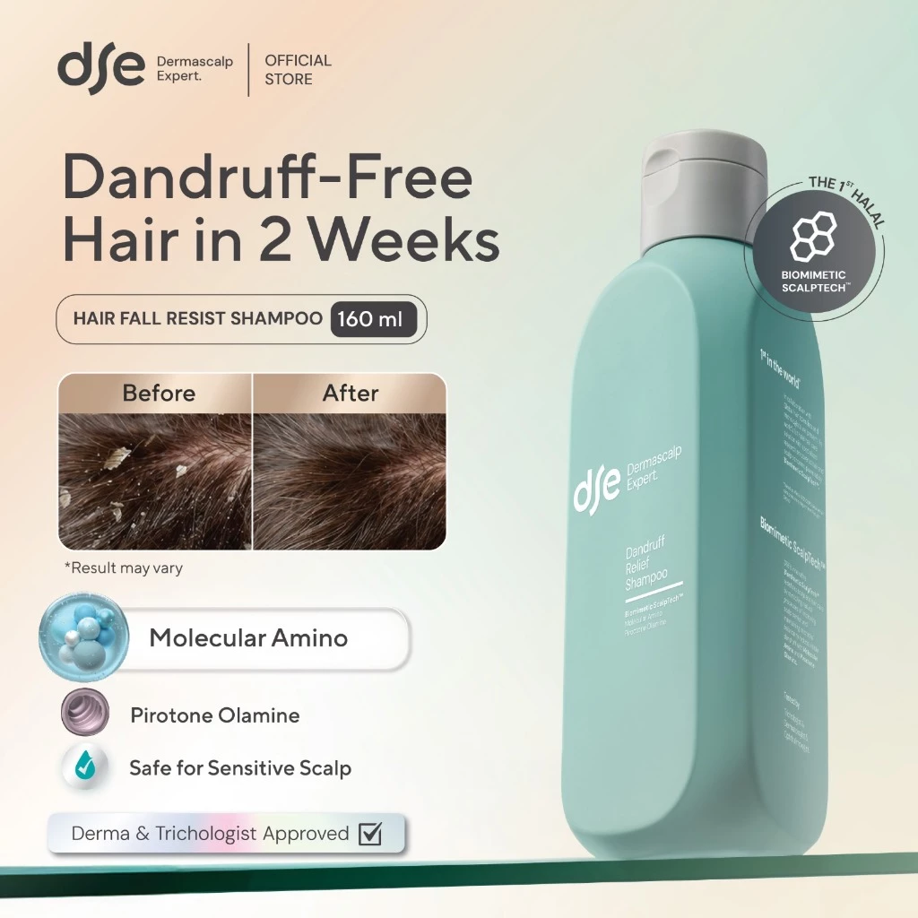 DSE Dermascalp Expert Dandruff Relief Shampoo 160 ml | Shampoo Anti Ketombe | Rambut Bebas Ketombe Seharian | Anti Lepek, Anti Ketombe | Rambut Sehat Berkilau | Mengurangi Rasa Gatal | Sampo Sehari-hari | NON SLS