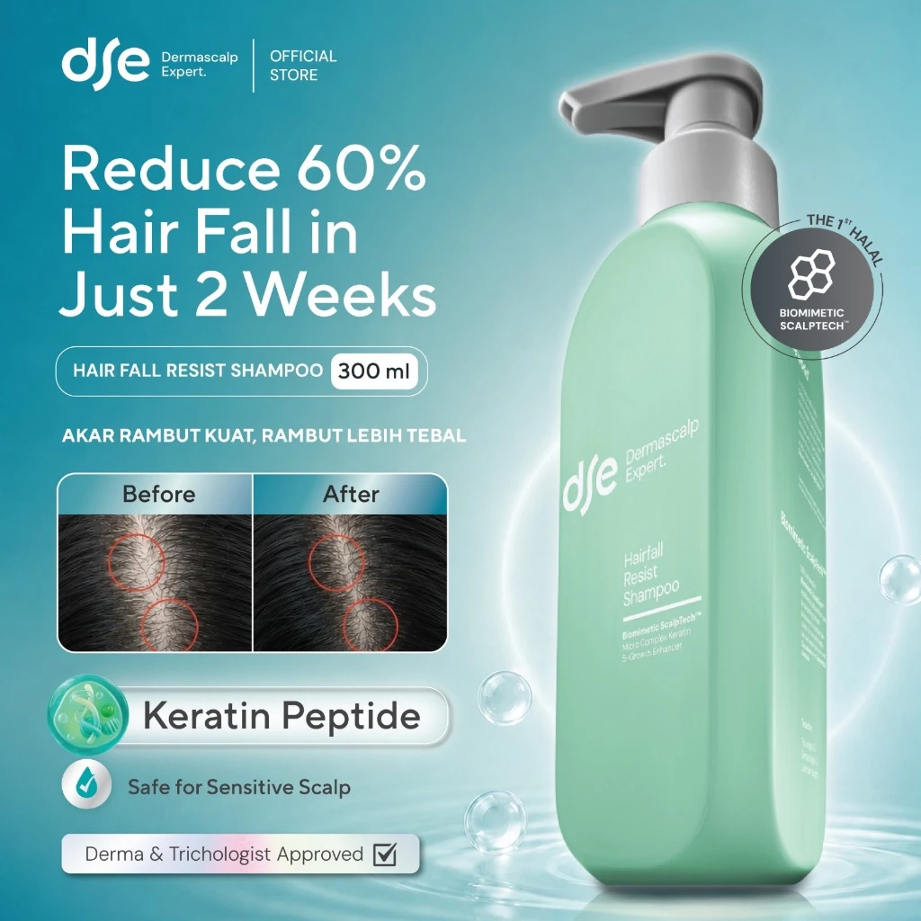 DSE Dermascalp Expert Hairfall Resist Shampoo 300 ml | Rambut Anti Rontok | Perawatan Rambut Harian | Hair Care Expert | Akar Rambut Lebih Kuat