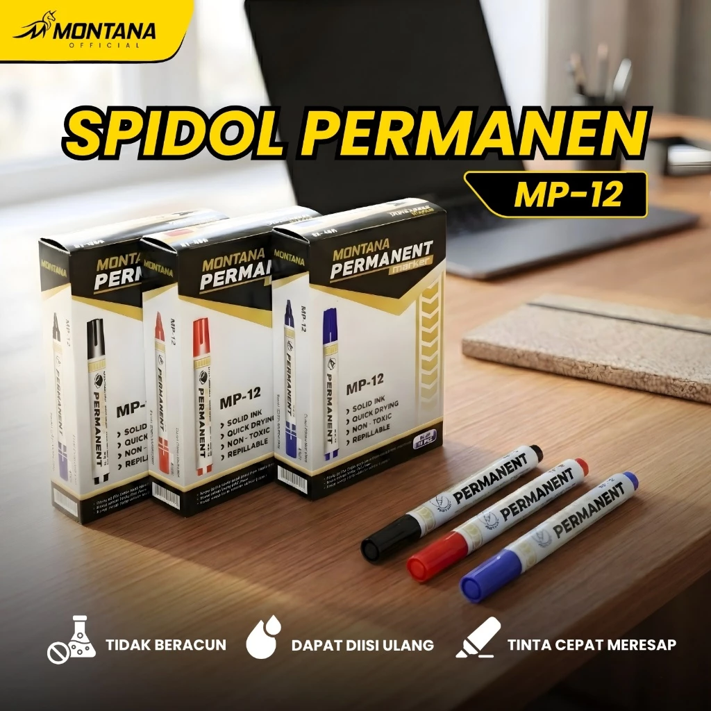 MONTANA Spidol Permanen Round Tip 12 Pcs Quick Dry Permanent Marker MP-12/Lusin Hitam