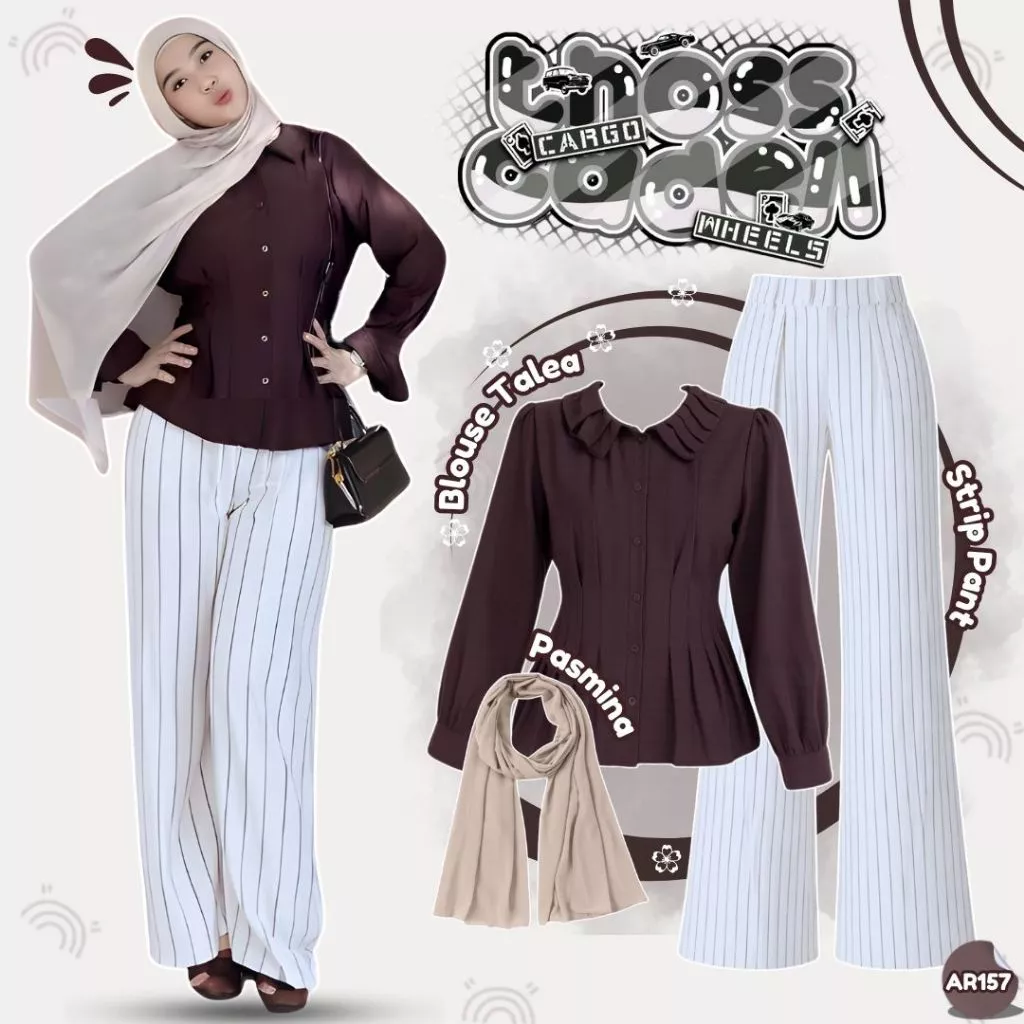 Outfit Wanita Casual Blouse Talea Celana Stripe Pasmina AR157