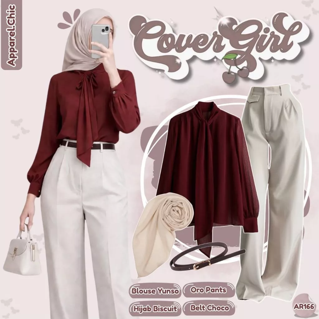 One Set Wanita Korean ( Blouse Yunso+Oro Pant+Hijab Biscuit ) Ootd 4In1 Style Classy Elegant - AR166