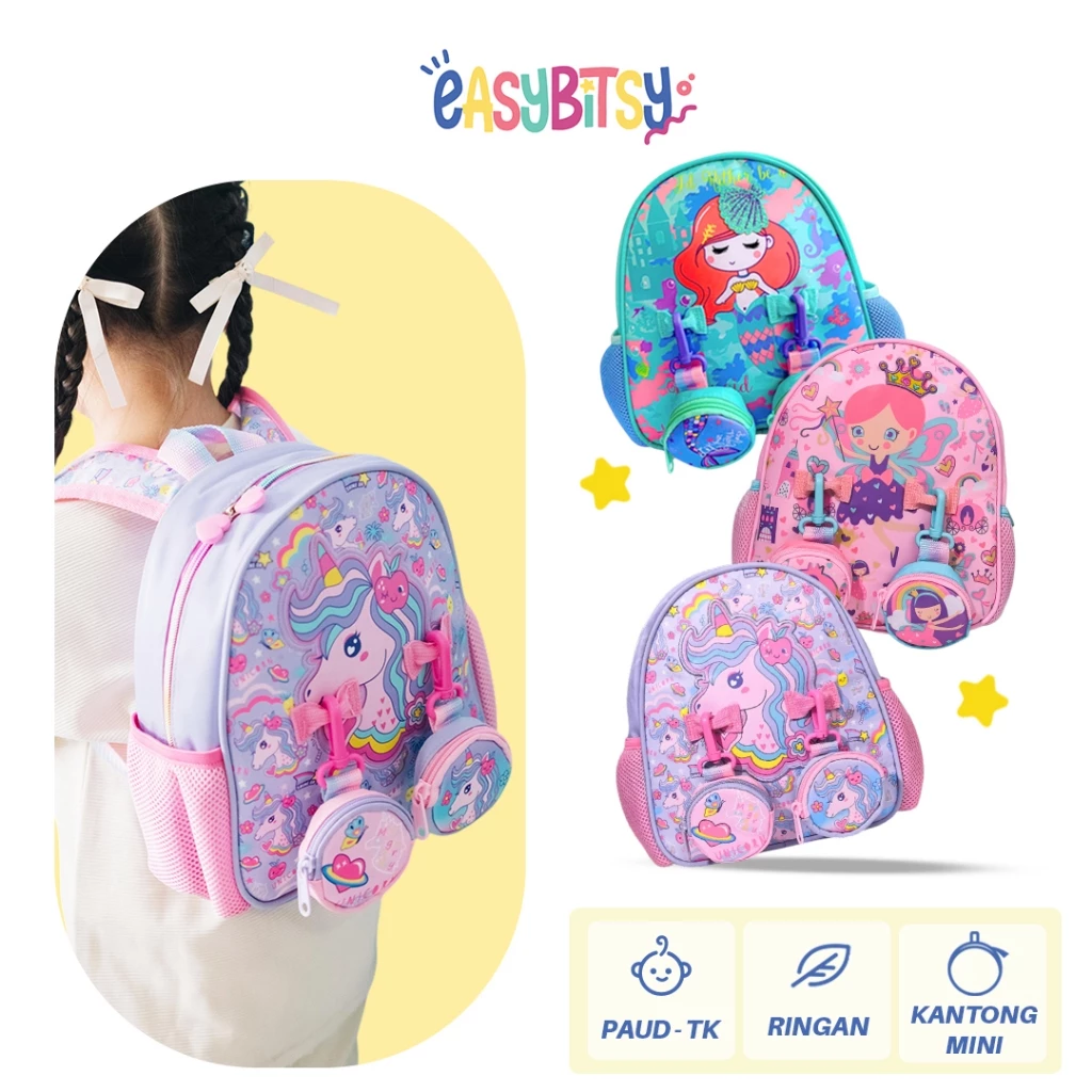 Easy Bitsy - Tas Ransel Anak Perempuan Mermaid Unicorn Backpack Sekolah PAUD TK - Ariel