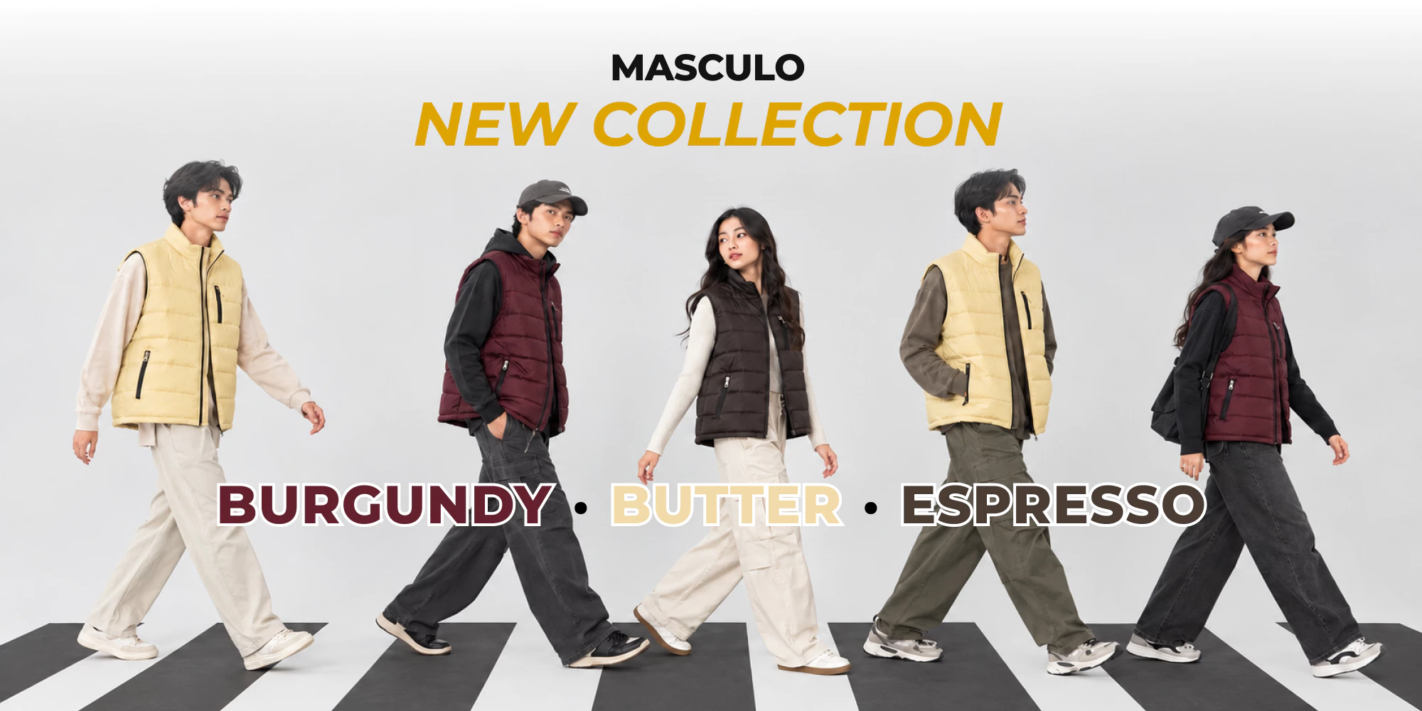 Banner koleksi baru Masculo dengan warna Burgundy, Butter, dan Espresso