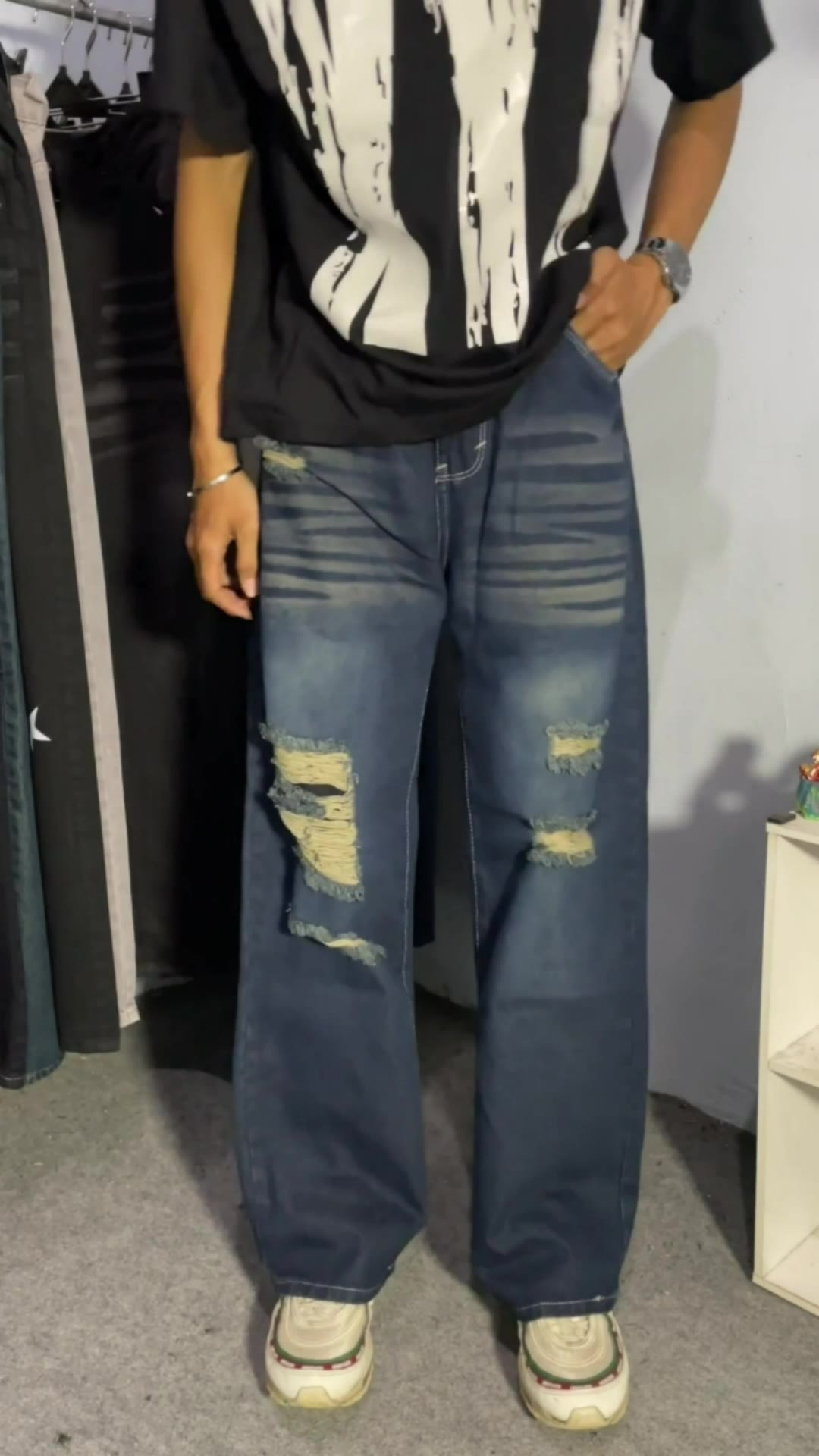 Celana jeans sobek baggy retro keren #celanajeans #celanabaggypants #jeanssobek