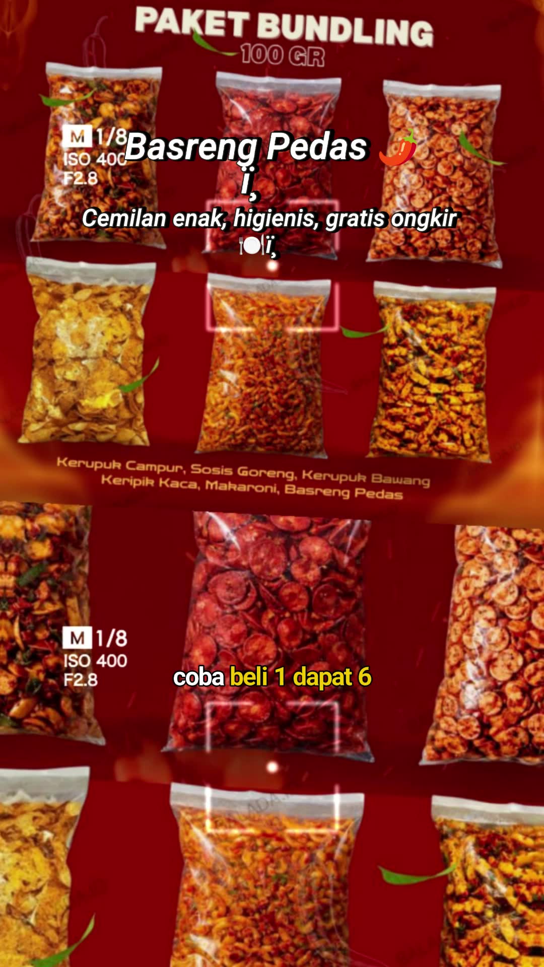 PAKET BUNDLING 6 ISI #basreng #basrengpedasdaunjeruk #makaroni #sosis #kerupuk #kerupukviral #kerupukbawang #kacapedasdaunjeruk #cemilan
