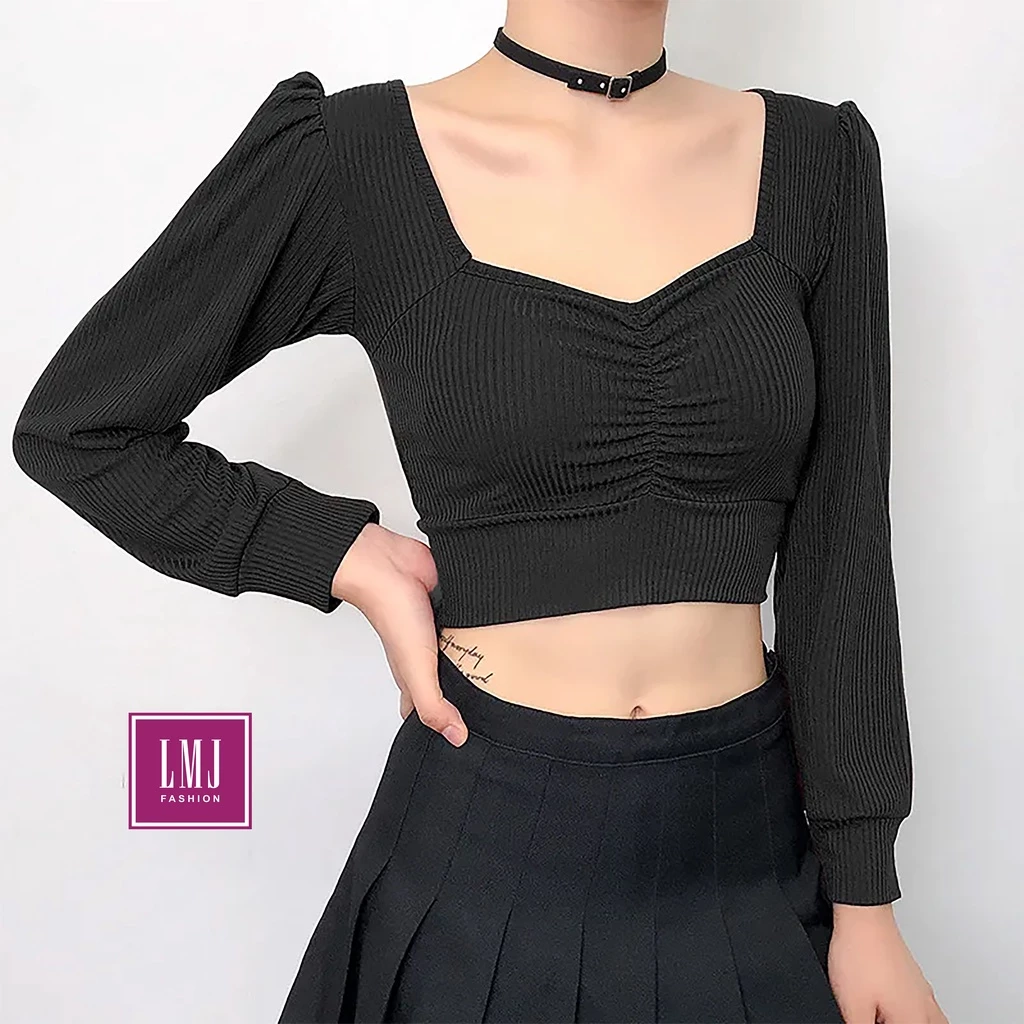 (S-L) (COD) Sosana - Square-Neck Long-Sleeve Crop Top LMJ Fashion #1228