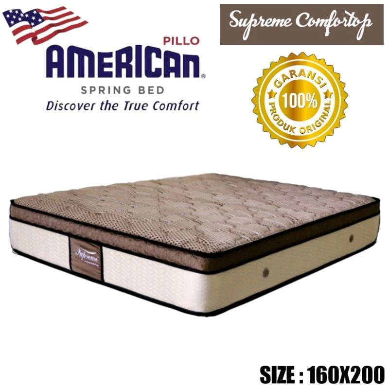 American Pillo Spring Bed Supreme Comfort Top Springbed Matras Kasur Mewah Busa Foam Divan Box Bedset Plushtop Single King Queen Pocket Latex Central Serenity Elite Bella Indhebox Superfit Uniland Trendy Bigland Comforta Spinno Dream Free Bantal Guling