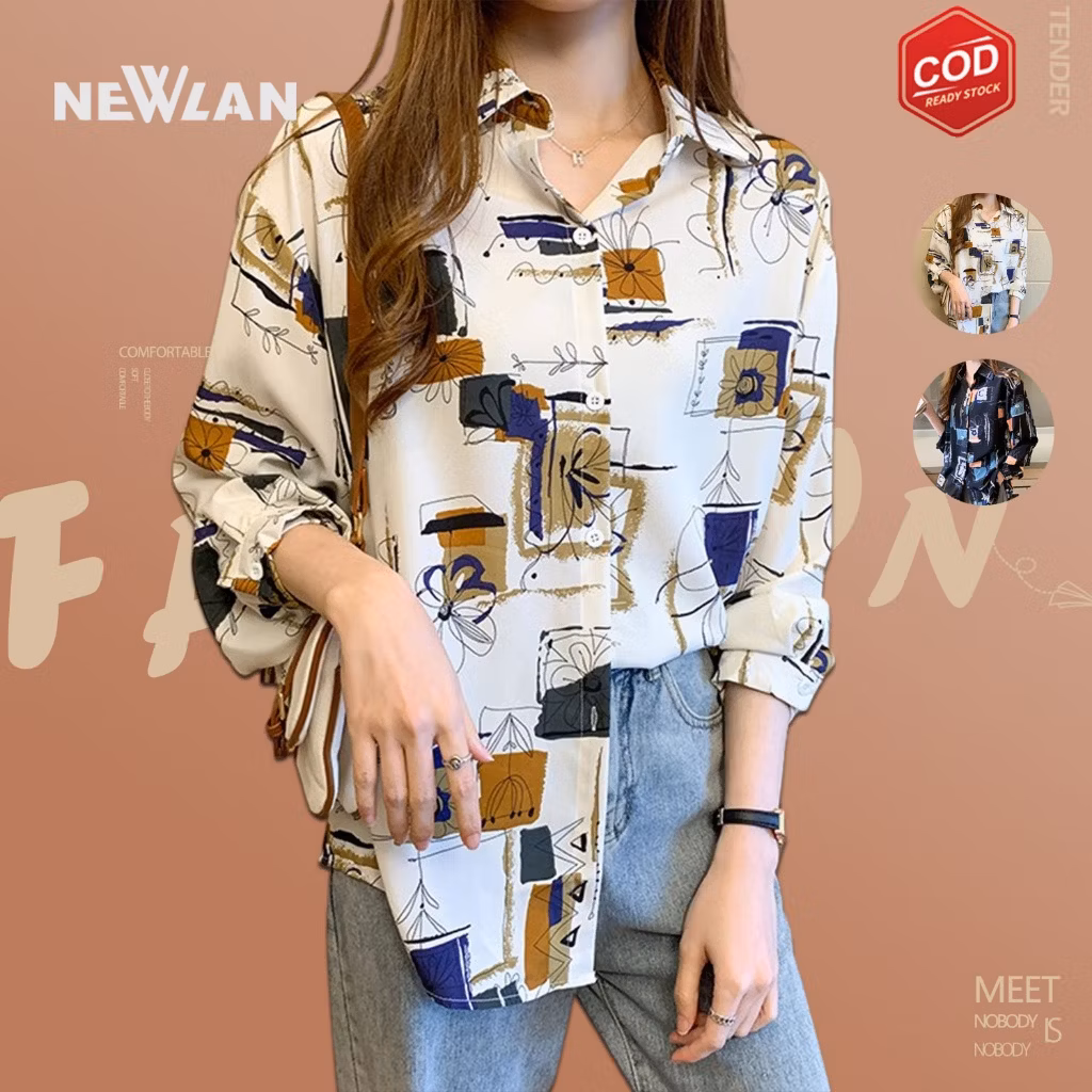 Newlan CS019 Kemeja wanita lengan panjang baju kantor motif kemeja putih kemeja korea kemeja blouse