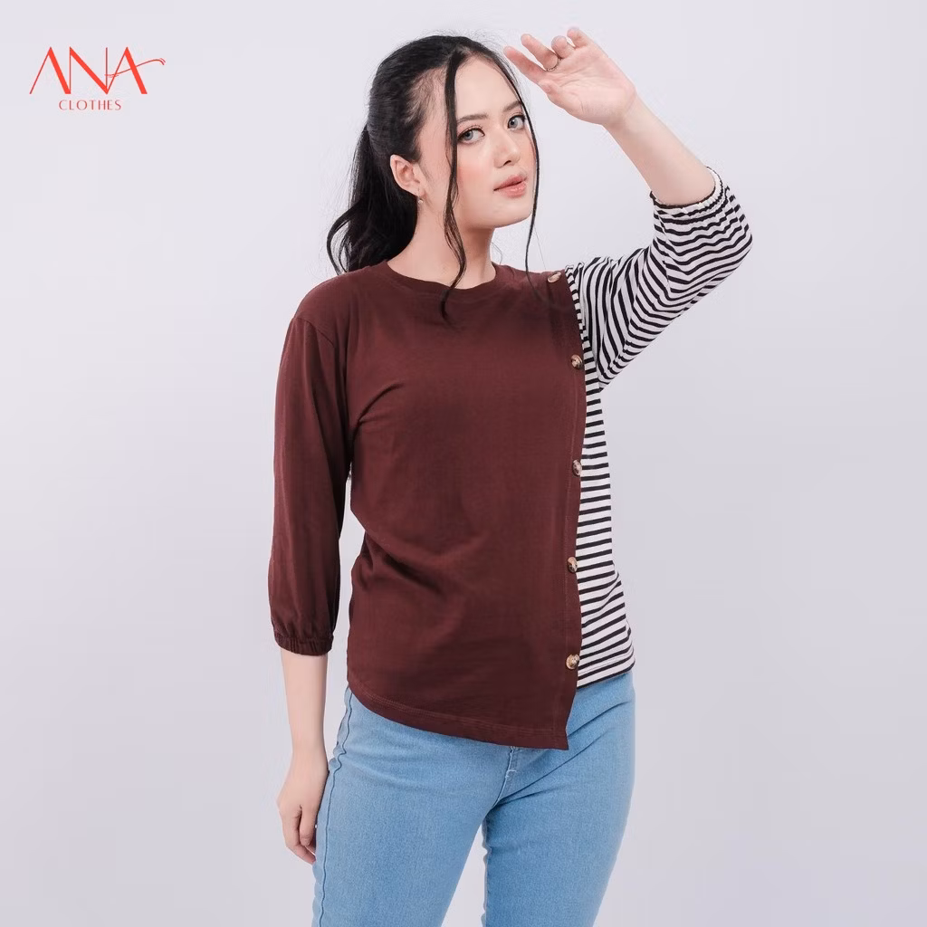 ANACLOTHES baju Wanita Atasan Lengan Panjang Style Kancing Kombinasi Salur Bahan Cotton Combad 24s