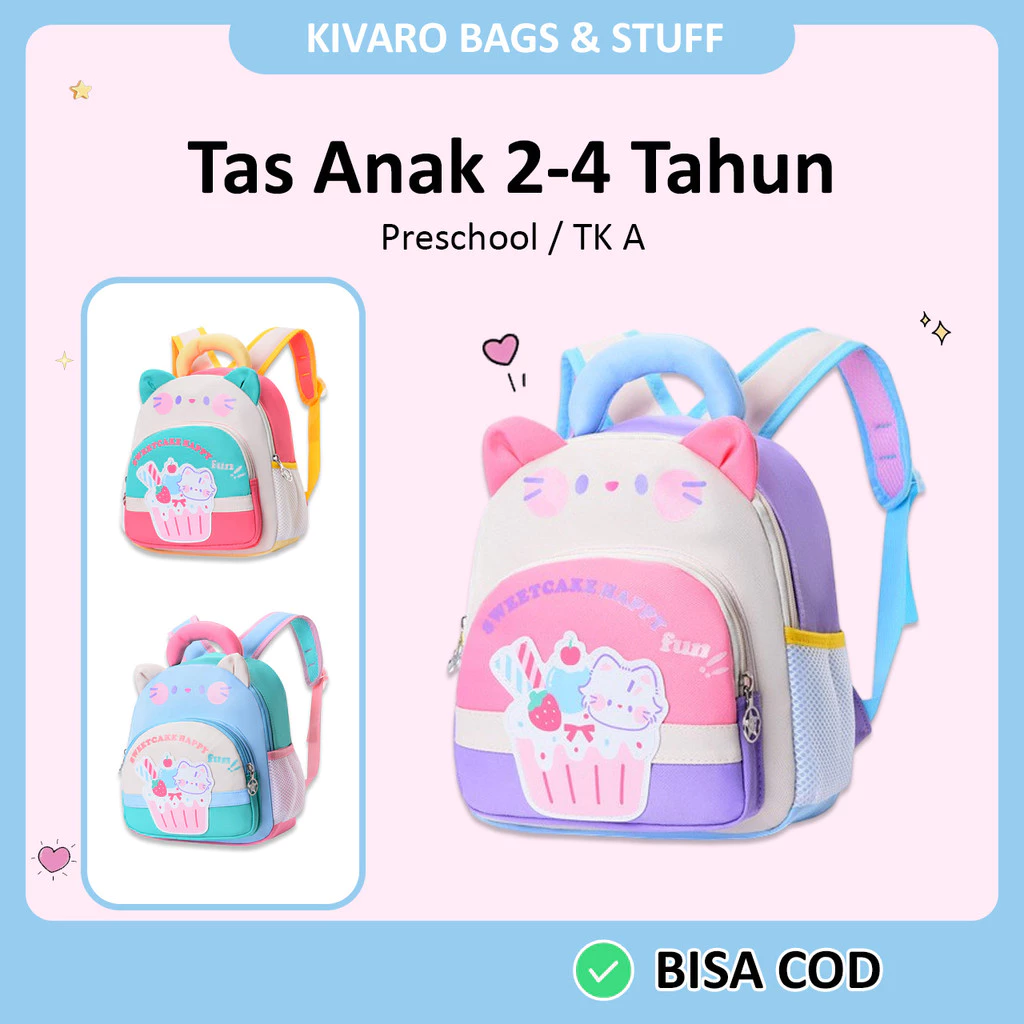 Tas Kucing Anak TK Perempuan Warna Cerah Umur 2-4 Tahun Ukuran 28cm PAUD | 626 Kivaro