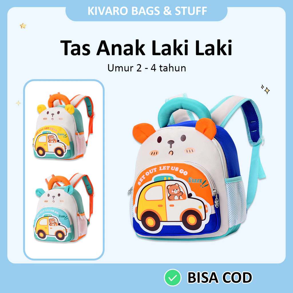 Tas Mobil Anak TK Laki Laki Warna Cerah Umur 2-4 Tahun Ukuran 28cm PAUD | 626 Kivaro