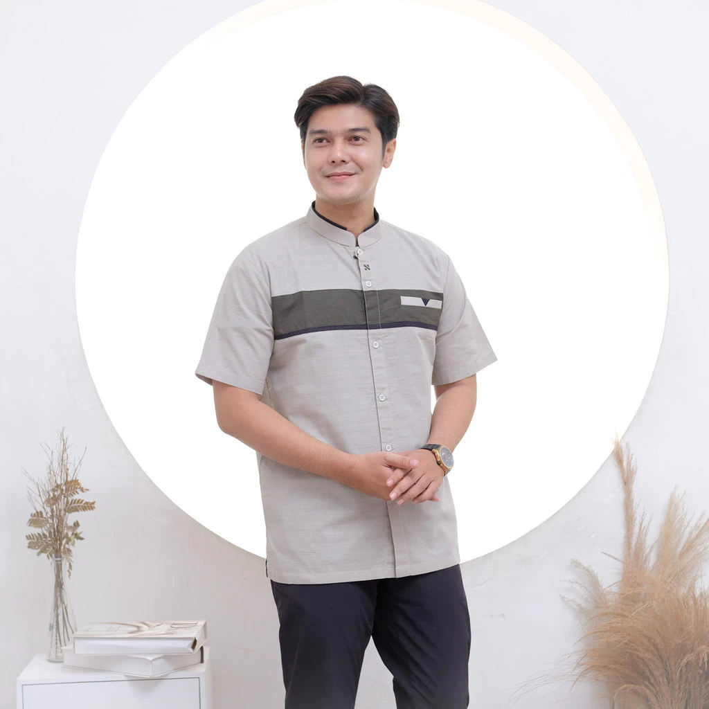NIGOS Koko Dewasa Baju muslim pria Baju koko pria dewasa lengan pendek bahan katun sigaret Baju koko lengan pendek Ar-Rafi Dewasa