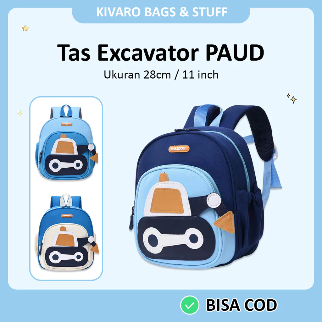 Tas Excavator Anak TK PAUD Laki Laki Warna Biru Umur 2-4th Kecil 28cm 2 Ruang | 866 Kivaro
