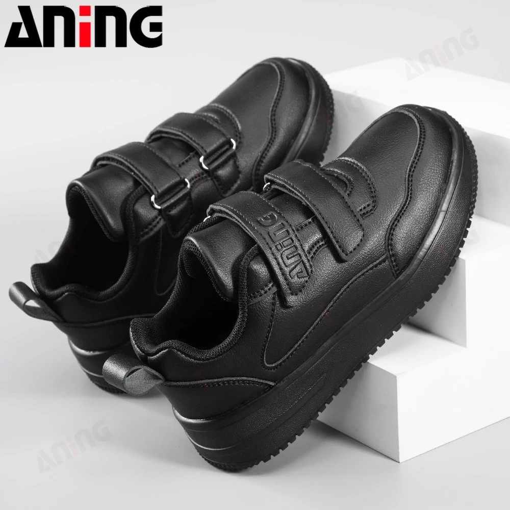 ANINGBOY-Sepatu anak laki-laki sepatu sekolah siswa hitam sepatu olahraga kasual bahan PU kulit