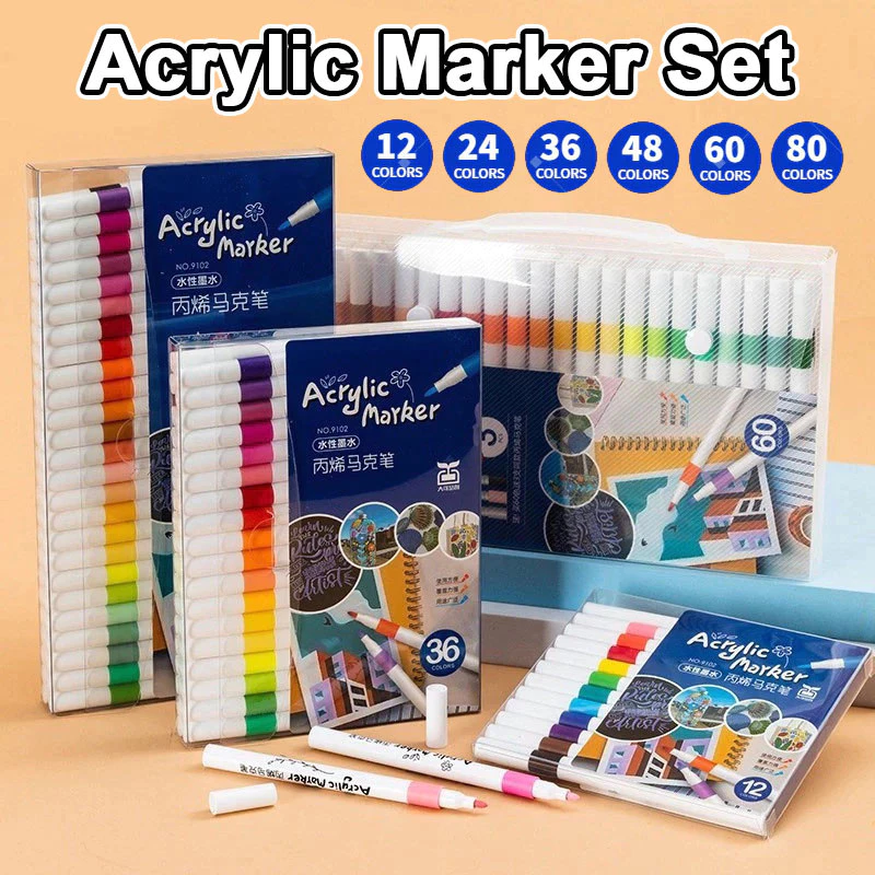Spidol Akrilik 12/24/36/48/60/80 Warnas Acrylic Marker Set DIY Painting Spidol Pastel Pulpen