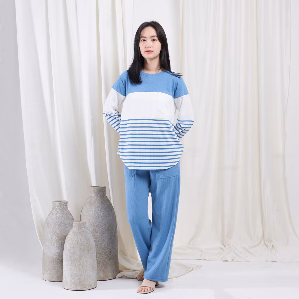 QUEENTIN Setelan Wanita Casual 0767 Stretch Caramel Knit Motif Salur Lengan Panjang