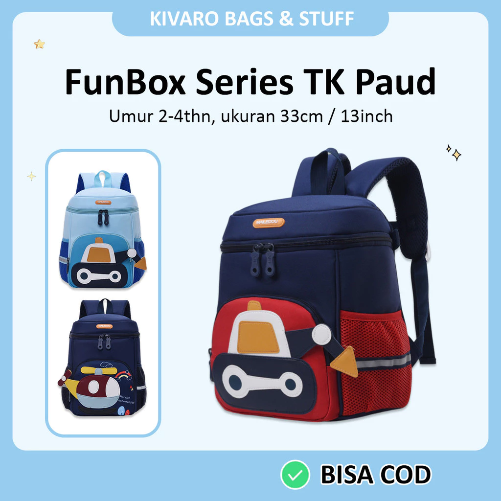 Kivaro FunBox Series Tas Anak TK PAUD Motif Excavator & Helicopter Laki-laki Usia 2-5 Thn 33 cm | 867