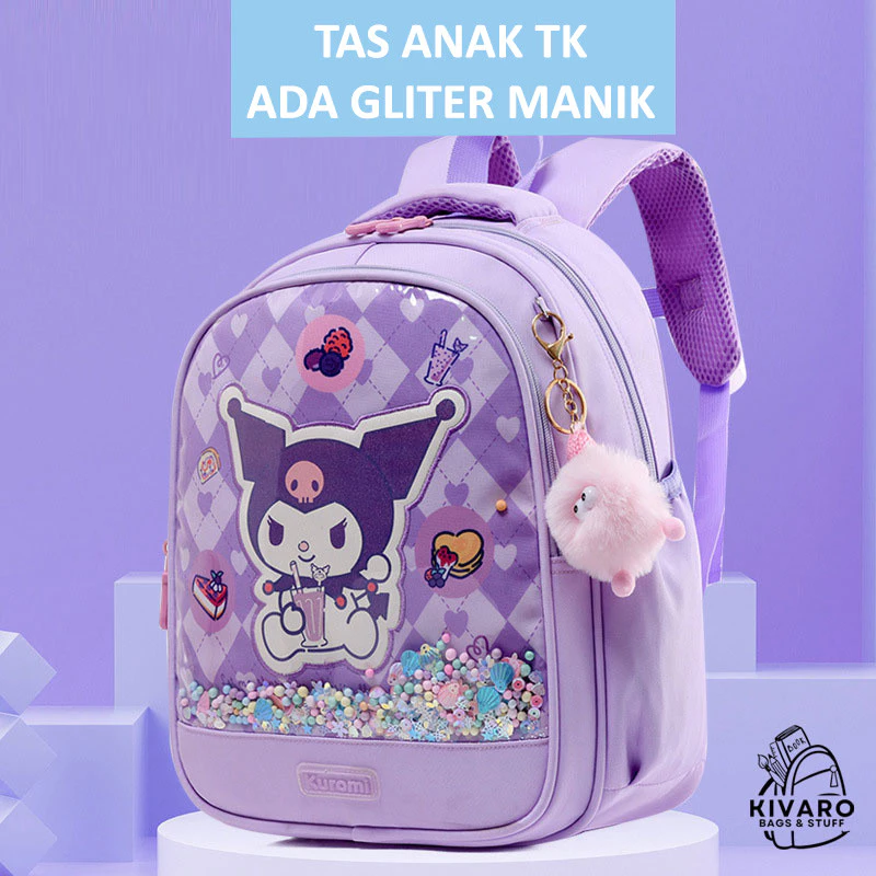 Kivaro GlitterBuds Tas Anak TK Perempuan PAUD TK 34cm + Bonus Gantungan Motif Fashion | 0892