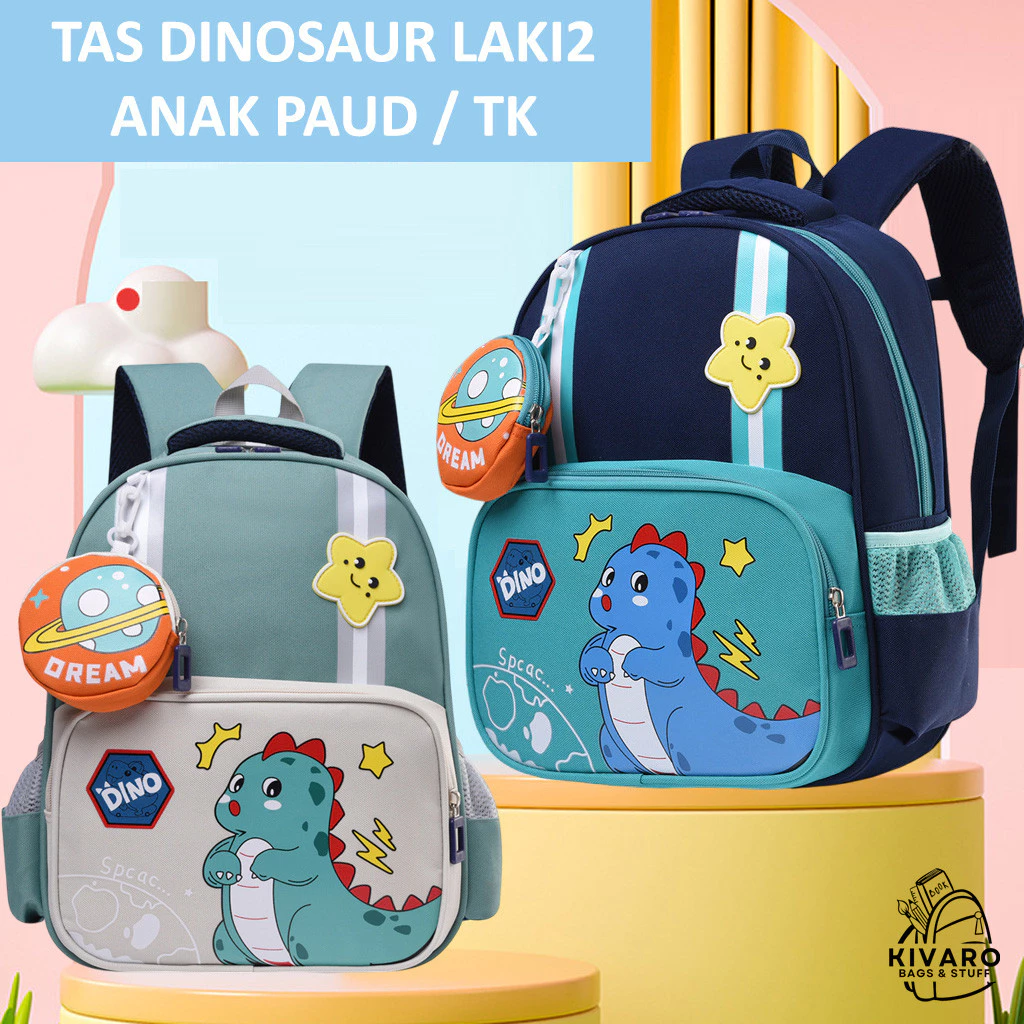 Kivaro DinoDream Tas Anak Laki Laki TK PAUD Motif Dino Fashion 34cm + Bonus Pouch | 605